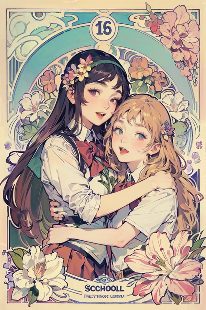 poster,(by mucha:1.2),((art deco,Botanical Art,Floral Art)),(floral:1.2),lily flower,
(masterpiece, highest quality),(vibrant colors,colorful),(amazing details,detailed background),anatomically correct,Accurate drawing,Detailed drawing,high-class sense,
lie down,2girl hug and kiss:1.6,
baggy (School uniform:1.5), pillow,french kiss, open mouth, press,