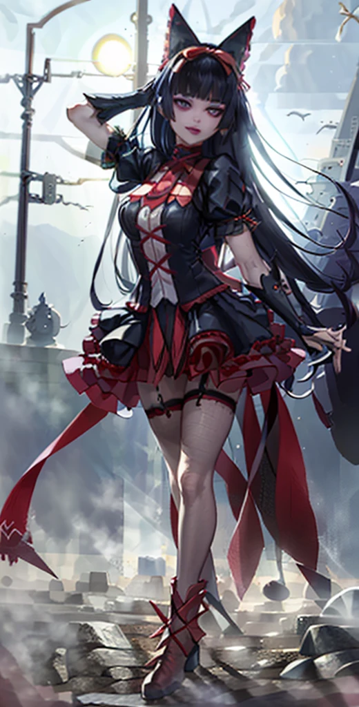 Rory Mercuty,high resolution, Best quality, HD model, high detail, high quality, full frame, full length , full height, gothic style, black hair, straight hair, Breasts, makeup, scarlet lips, Park, walking in the park , posing in the park