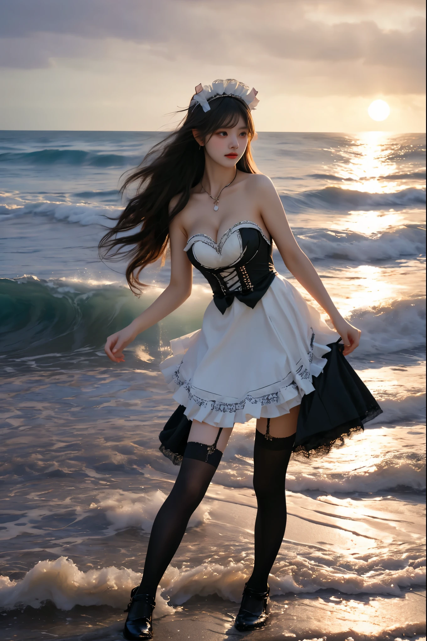 black thighhighs,dress,killer,maid,maid headdress,thighhighs, ,(knee shot:1.3), (Close shot), photorealistic beautiful woman, sexy long-legged model, (Full bust, visible cleavage, very short hemline), walking at the edge of the beach and the surf, water up to her knees, waves crashing on her body, night, soft moonlight, dramatic lighting, chiaroscuro, flowing dress, serene expression, starry sky, calm ocean, rocky coastline, full shot, dynamic pose, cinemati