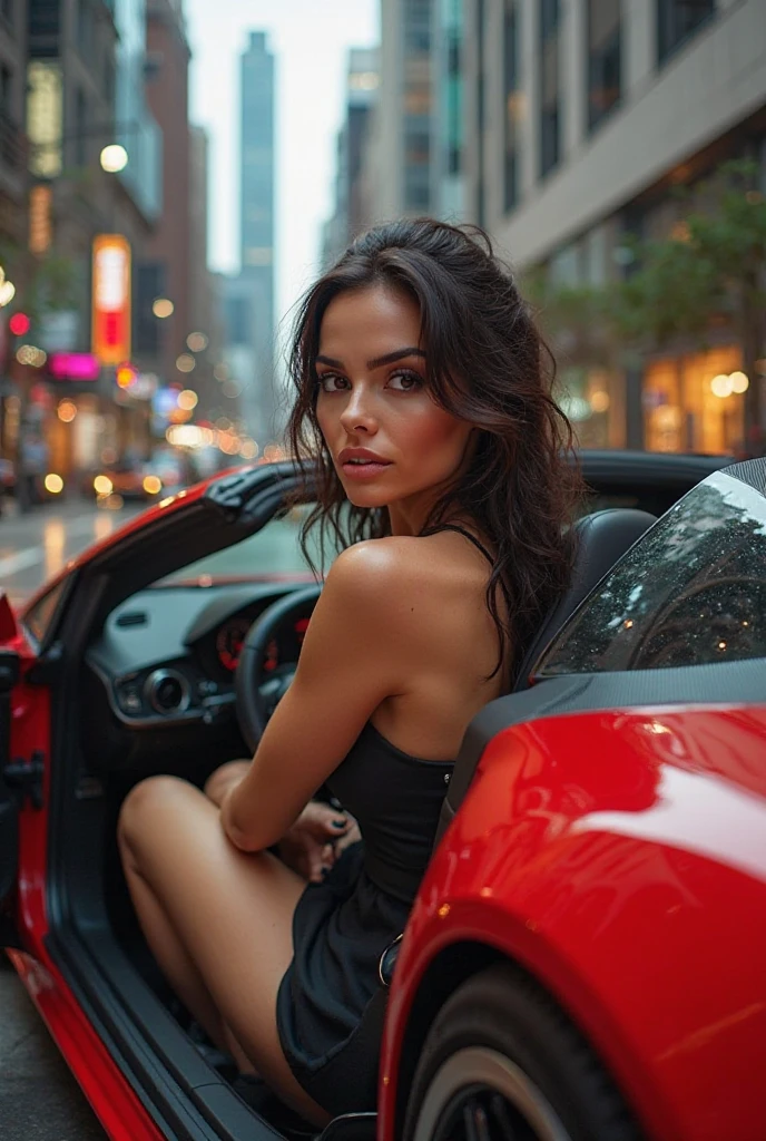 20 year old woman driving red lamborghini car,brown long hair,D cup chest,Glamorous model body,Short Dress