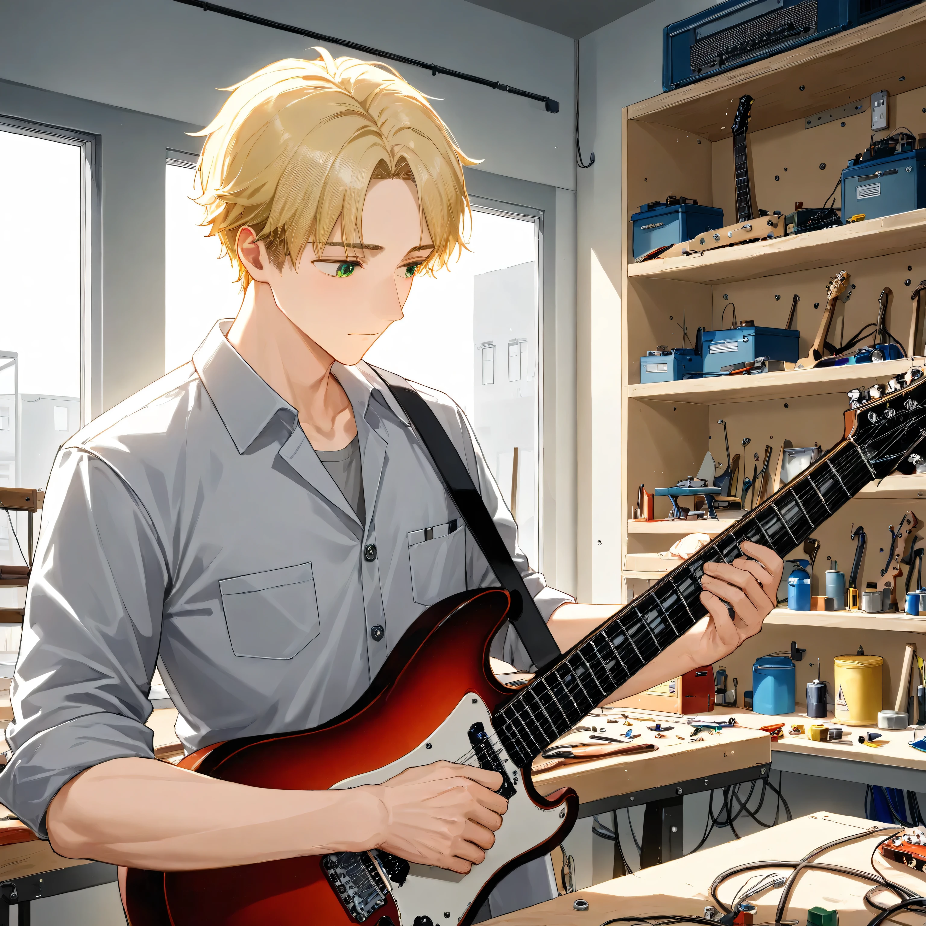 1boy, bust, cropped torso, curtained hair, blonde hair, parted bangs, green eyes, ager, work clothes, workshop, indoors, building a guitar, electric guitar on workbench,rolled up sleeves, work shirt, light grey shirt, vocational school, vocational shirt, (young man, adult male: 1.1), looking at object, repairing, repairman