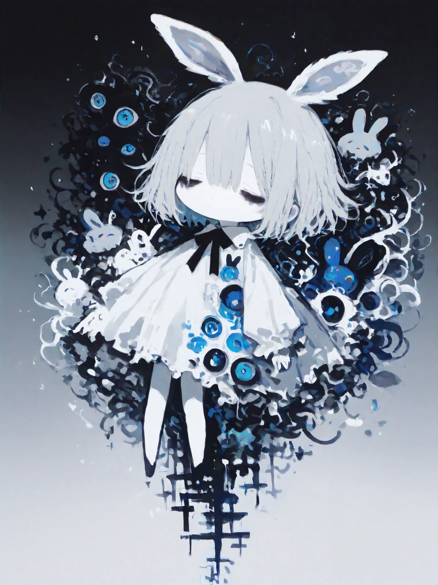 illustration, best quality, dramatic lighting,r17329_illu,usnr,Surrealism,Impressionist lighting,best quality, 1chibi character\(short hair, bunny ears, closed eyes,white skin,peaceful expression,hzk,solo,gentle glow, gradient background, gray and soft blue and soft pink,best quality,magical realism style
