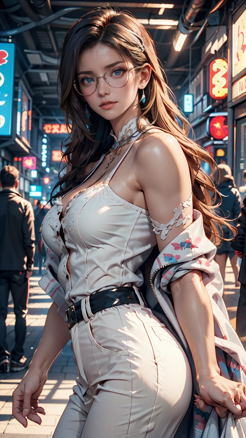 (8K, RAW Photos, Highest quality, masterpiece:1.2), (Realistic, photo-Realistic:1.37)、Earrings, eyelash, pantyhose、セクシーな的なsmile、 (Shiny skin:1.05)、Venus Body、Having her hair done、My chest is popping out、Wear accessories on your wrist、Wearing accessories on the ankle、Background blur((depth of field)、smile、23 year old white female、Brunette、long hair、blue eyes、Sheer midriff top((midriff top))Wear tops、Wear sheer, low-rise skinny jeans、Have a clutch bag、Skyscraper background、Chest pop、方がRealistic乳房