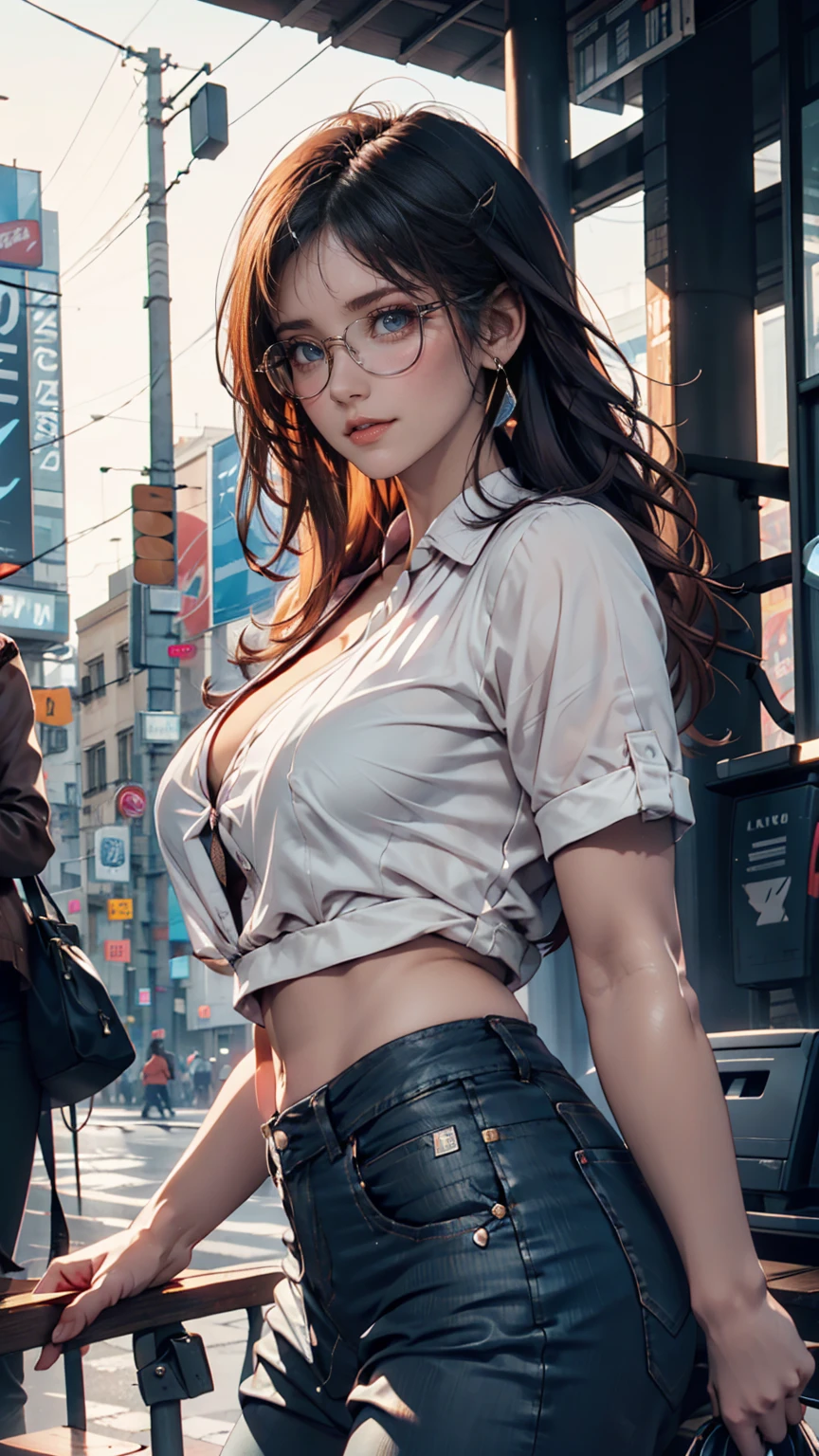 18 year old girl,
long blue hair, big eyes, sweet smile, small breasts, thin hips,
glasses, choker collar, unbuttoned white shirt, no bra, jean shorts,
record store, vinyl,
open door, open window,
evening, nighttime
dramatic lighting, cinematic lighting,