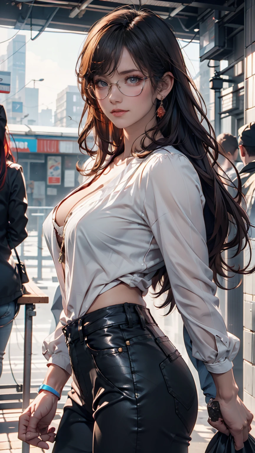 Prepare to be amazed by this top-quality 8k masterpiece, featuring a gorgeous girl with a flawless figure and toned abs. Her stunning beauty is enhanced by a range of unique and creative hair styles, while her cleavage is accentuated by a short sleeve shirt with a shirt blouse collar. The artist has paid special attention to her face, with intricate details on her eyes and double eyelids. And don't forget to admire her medium-sized breasts and large earrings.