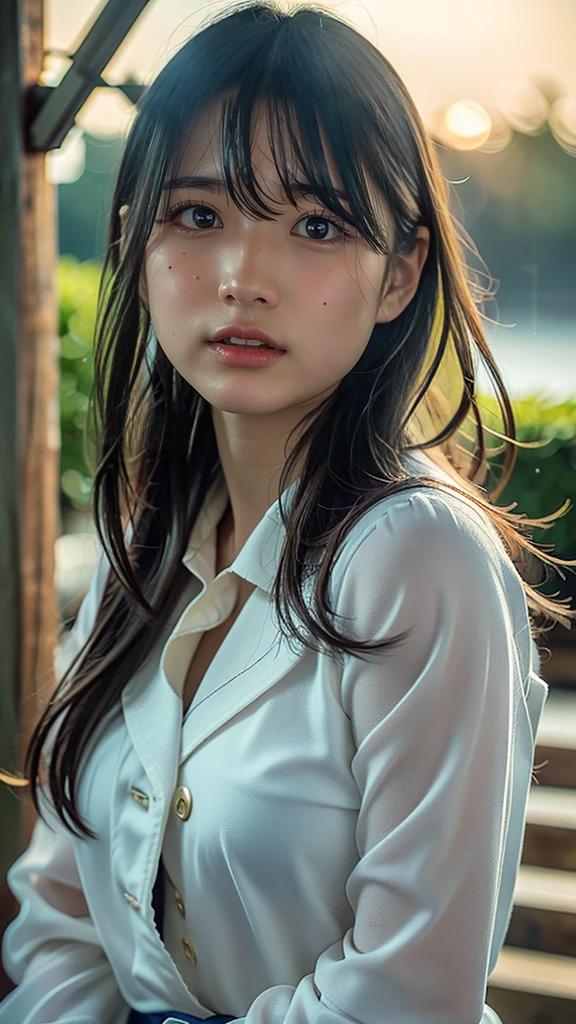 ((Top Quality, 8k, Masterpiece: 1.3)), Crisp Focus: 1.2, Beautiful Woman in Perfect Shape: 1.4, Slender Abs: 1.2, ((Layer Cut, Small: 1.2)), (Wet White Button Up Long Shirt: 1.1), (Rain, Street: 1.2), Wet Body: 1.5, Highly Detailed Face and Skin Texture, Detailed Eyes, Double Eyelids