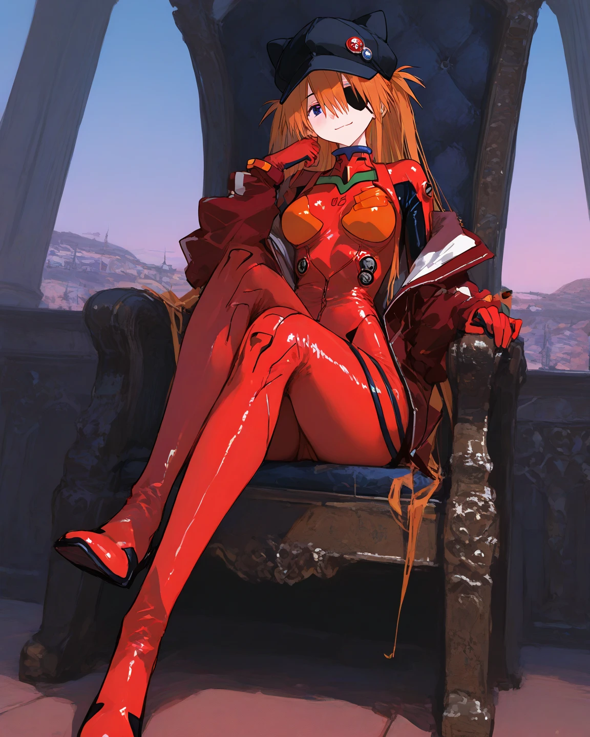 21 years old white girl, short red hair, pelt armor, pistol in hand, full body, looking evil, seated on red armchair, anime style