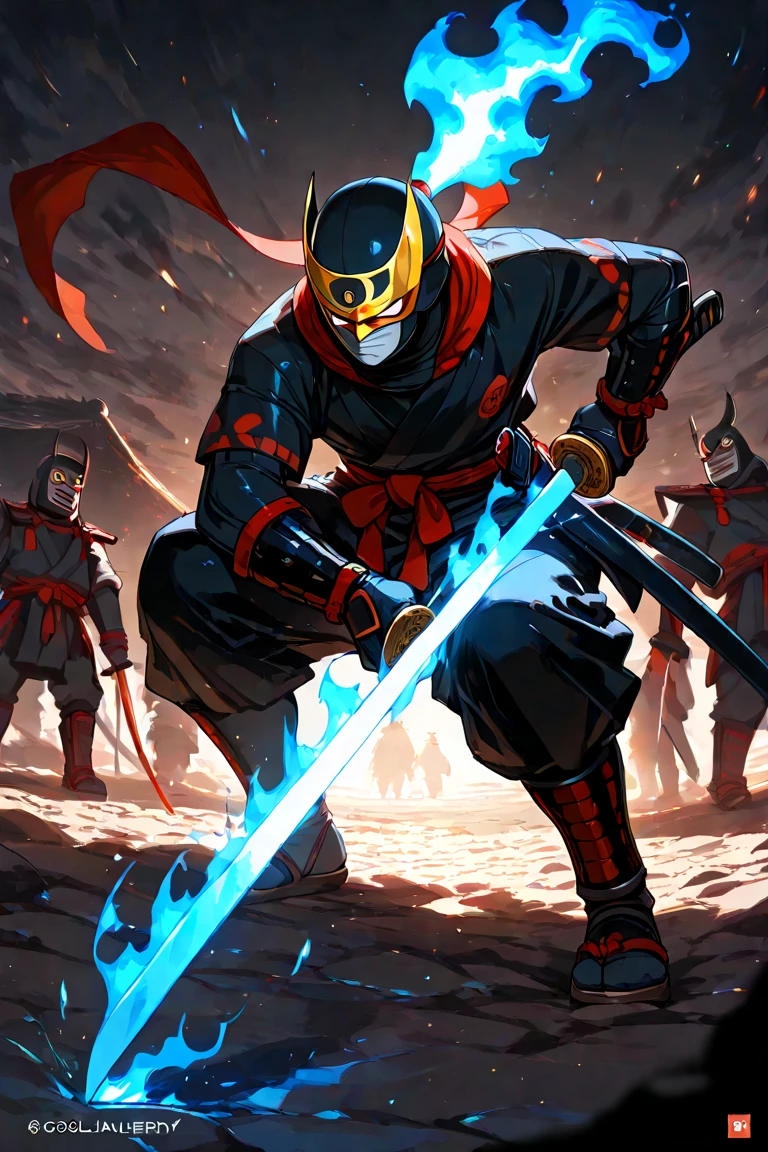 um sapo ninja, explorando uma floresta a noite, his armor is black and on his bills he has a sword