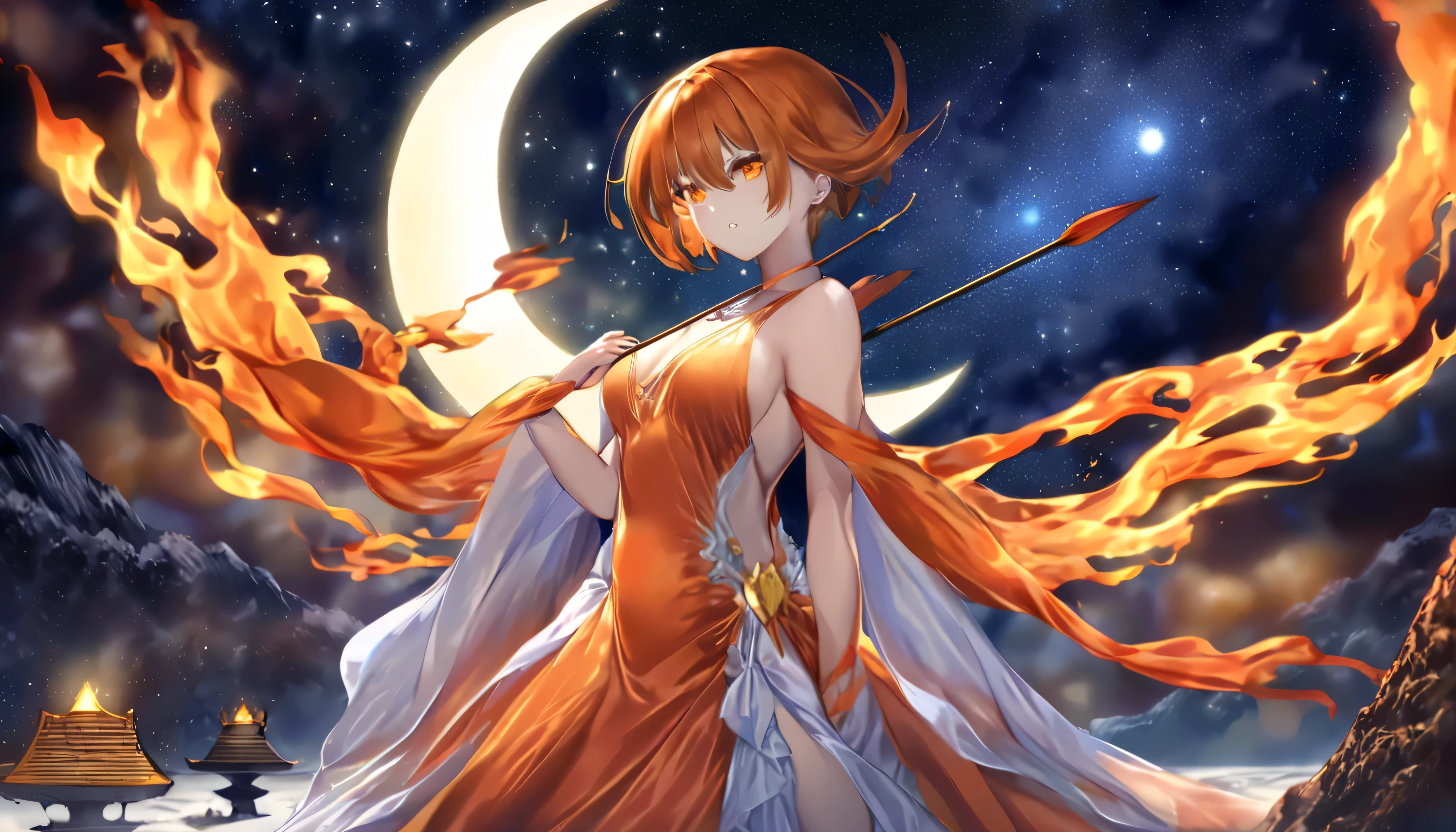 Wearing a long orange silky dress 、A beautiful and pretty goddess , has a huge bow and arrow with elaborate decorations in her hands 、Hall々 standing in a position ,Her hair is fiery orange short hair, looks at me with a sharp and challenging gaze 、 has an overwhelming presence , in the background, there is a starry night sky and a plateau where a huge crescent moon rises、 There is a mysterious and majestic atmosphere throughout ,