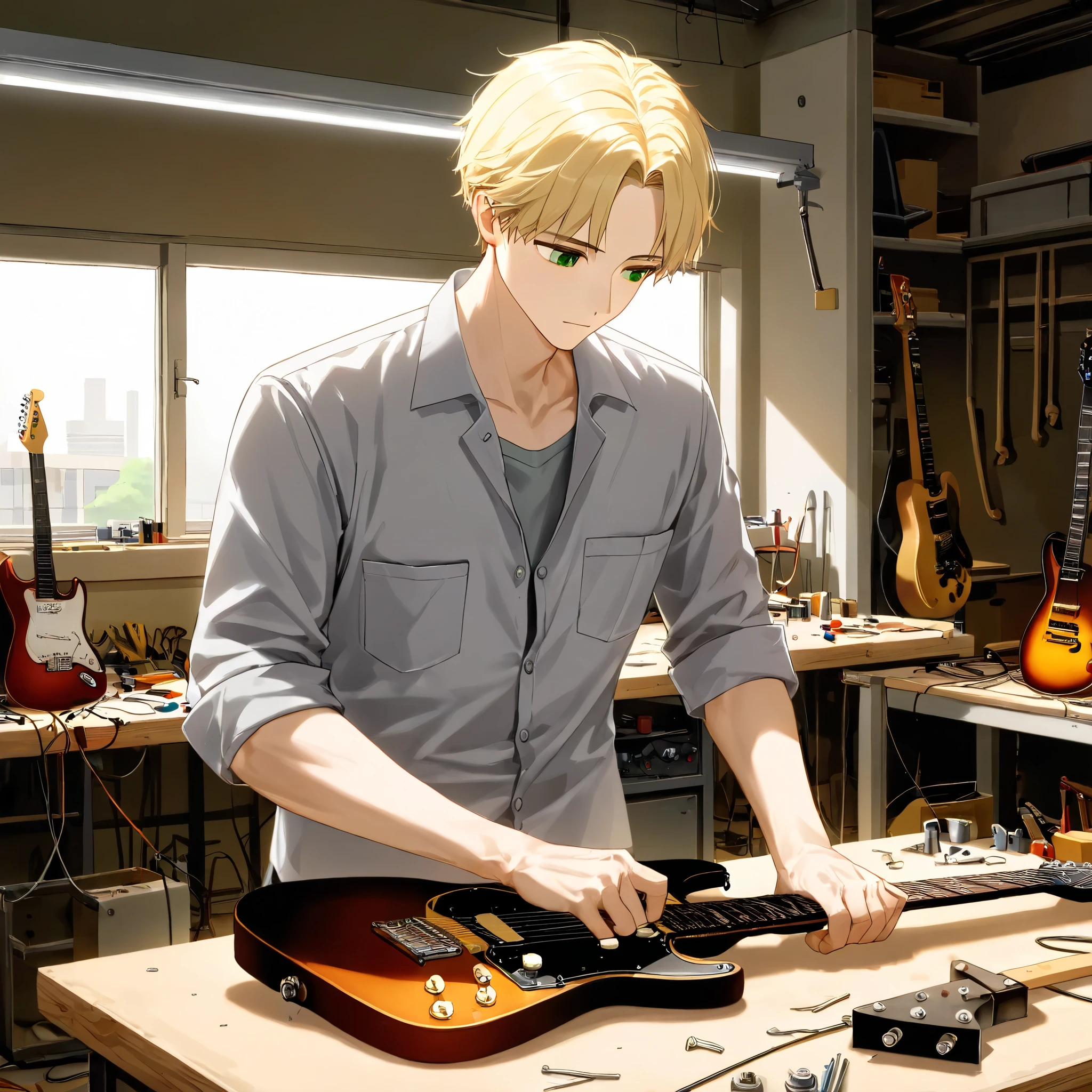 1boy, bust, cropped torso, curtained hair, blonde hair, parted bangs, green eyes, ager, work clothes, workshop, indoors, building a guitar, electric guitar on workbench,rolled up sleeves, work shirt, light grey shirt, vocational school, vocational shirt, (young man, adult male: 1.1), looking at object, repairing, repairman