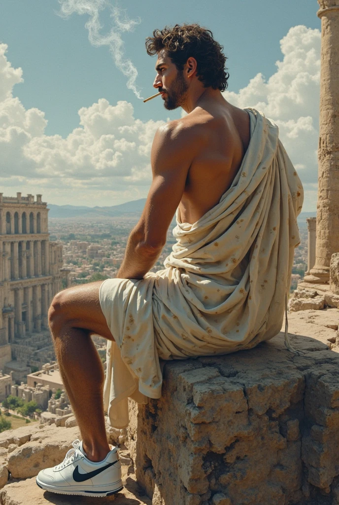 A male stoic philosopher with a well-proportioned and attractive physique, not excessively muscular. He is wearing classic tunics, slightly transparent, that gently drape over his body, subtly revealing parts of his shoulder, with a very short and well-groomed beard, and wavy, well-stylized hair. He stands amidst ruins, his expression solemn, holding a broken piece of pottery, symbolizing the shattered certainties of betrayal. The scene is set in a vibrant, impressionist landscape with rich colors and dynamic brushstrokes, creating a sense of movement and emotion. The background has a subtle texture that adds depth but complements the text without overpowering it.