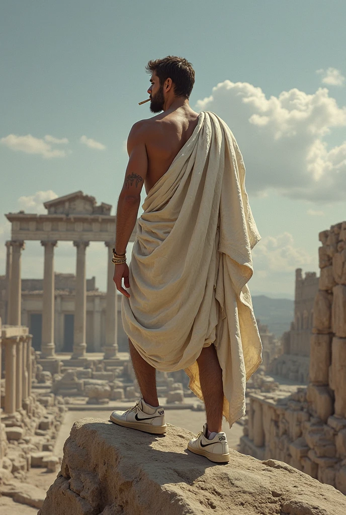 a shaved head and a muscular man leaning against a column of'an ancient Greek temple with the Aegean Sea to the'background. L'man has a thick black beard and wears a white toga, et il montre ses pectoraux. il porte des braceletlets en argent