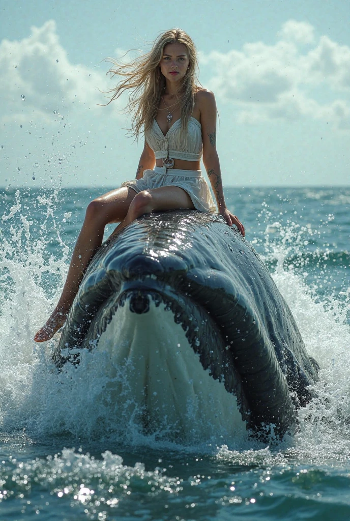 girl riding a whale, ocean, sunny, smiling, full body, realistic, scenery, sharp focus, bright pupils, blonde hair, wide angle