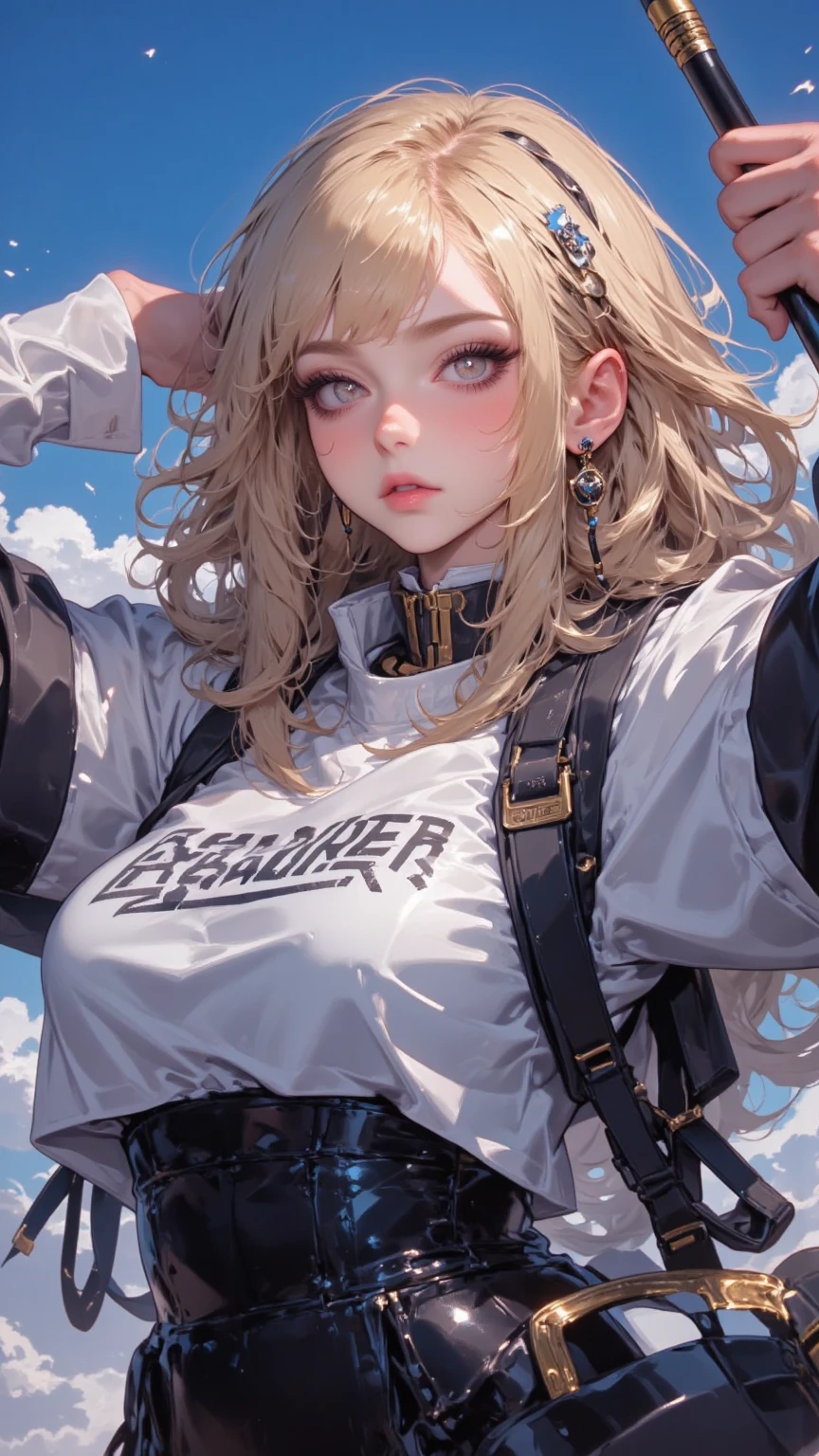 (((in 8K, Raw photo, Best Quality))), 超A high resolution, ultra-detailliert, Illustration, (anthwve style: 1) (nvinkpunk: 0.7) 、High Details、foco nítido、natural soft light、Subsurface scattering、F2、35mm、poster for、pop music、Random animals、extraterrestrial、UFO ride、Pistol possession、a black T-shirt、Simple illustration、Cute design、colourfull、Line art thickness、Characters loved by the world、SF、Fantasia、fanciful、dream-like、Psychodelicious、Psychoderic、DJ、StarWars、spaceships、Dark eyes、Blonde hair woman wearing sunglasses、frombelow