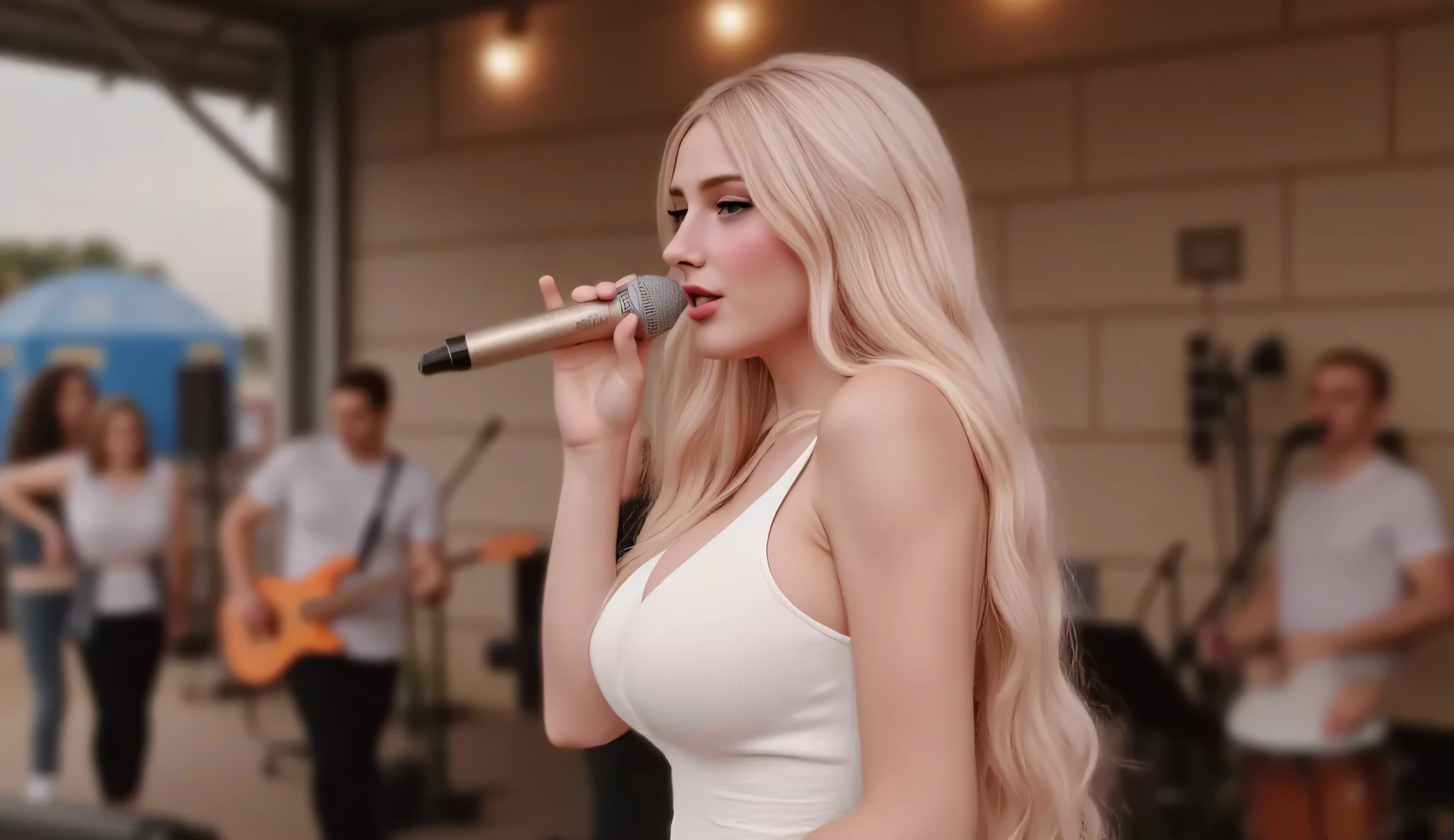 A beautiful young woman with long, wavy blonde hair, wearing a form-fitting white spaghetti-strap dress, singing into a microphone on an outdoor stage. Her eyes are slightly closed as she passionately delivers her performance. The soft stage lighting highlights her delicate features and smooth skin. The background is blurred but shows musicians and musical instruments, adding depth to the scene. A warm, cinematic atmosphere surrounds the stage, with a slight golden glow enhancing the mood. The composition focuses on the woman, emphasizing her elegance and confidence. Created using cinematic lighting, high-definition details, soft bokeh background, and a realistic aesthetic. --ar 16:9