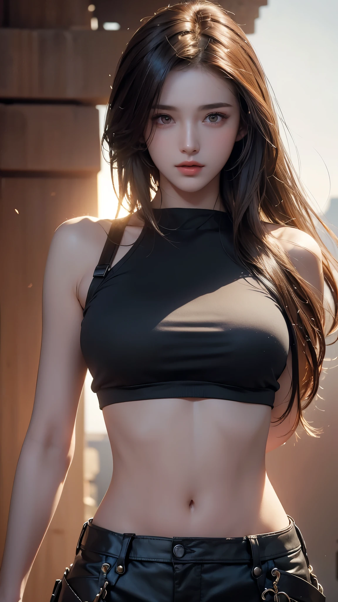 A unique illustrated character with a manga style, featuring long, straight hair in a blend of gray and light brown tones. Her large, expressive eyes are a striking blue, while her nose and plump lips add to her charm. She is wearing a navy tank top that accentuates her figure, giving her a confident and alluring presence.