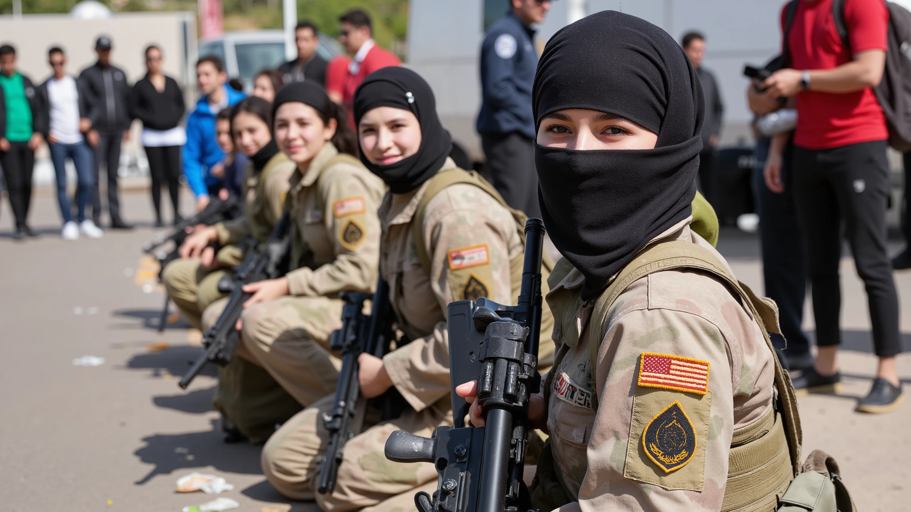 Portrait : , camera angle from the side,7 egyptian women, 20 years old, White skin,Big breasts , Wearing an American soldier's uniform, Wear a black cloth over your head ,Everybody's carrying an M4 gun., sitting in a row,In the middle of the street , outdoor,facing the camera. , Make a smiley face, more than , surround , There are a lot of people.,., in chaos, , dirty, have rubbish strewn on the floor , Daytime atmosphere , a light shining on a woman's face,,. Close-up