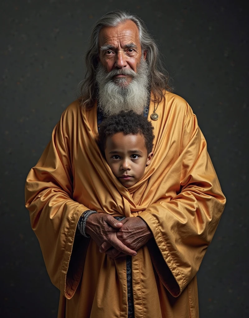 A wise Guru with a long white beard and turban sits in a halo of light, with a young child sitting in front of him, the Guru is holding his hand out, the child is looking up at him with respect. The background is a warm, golden glow, with soft, flowing lines of light. The image is full of warmth and serenity, and