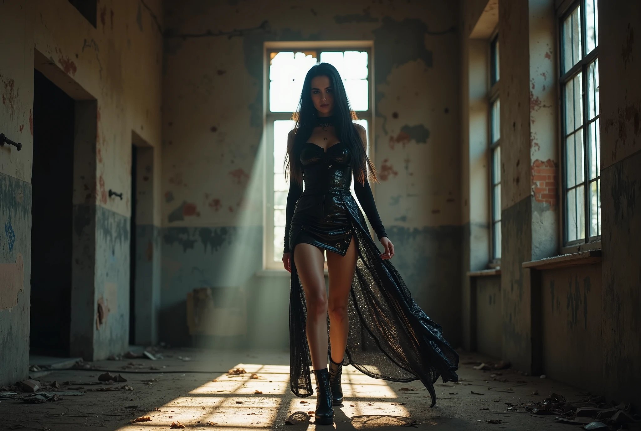 Beautiful girl, long black hair, dressed in a black poncho on a naked body, in black boots, bare legs, bare shoulders, against the background of a dirty dark sewer tunnel, post-apocalyptic plot