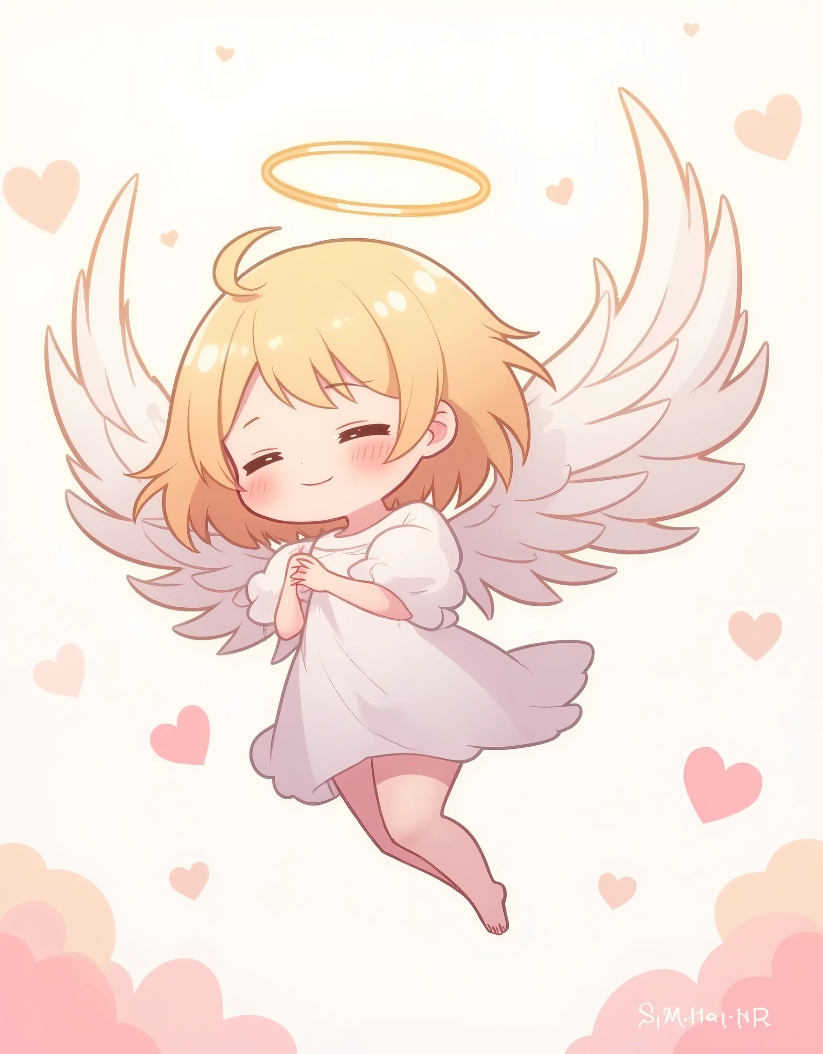 ( masterpiece:1.2, best illustration),8k16k,wallpaper,(Floating feathers ),(Angel mascot character with big wings:2.0),(is floating in the air:2.0),(minimalist:2.0),( cute:1.6),(anime artwork :1.6),( vector art :1.6),(SAN-X style :1.6),(abstract heart background :1.6),( line art :1.6),( pastel color :1.6)