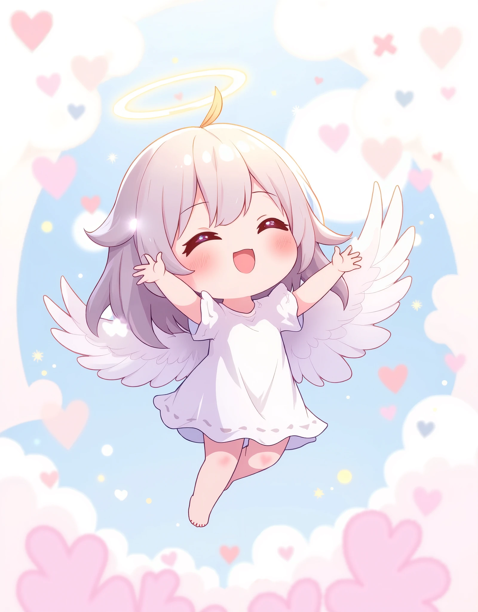 ( masterpiece:1.2, best illustration),8k16k,wallpaper,(Floating feathers ),(Angel mascot character with big wings:2.0),(is floating in the air:2.0),(minimalist:2.0),( cute:1.6),(anime artwork :1.6),( vector art :1.6),(SAN-X style :1.6),(abstract heart background :1.6),( line art :1.6),( pastel color :1.6)