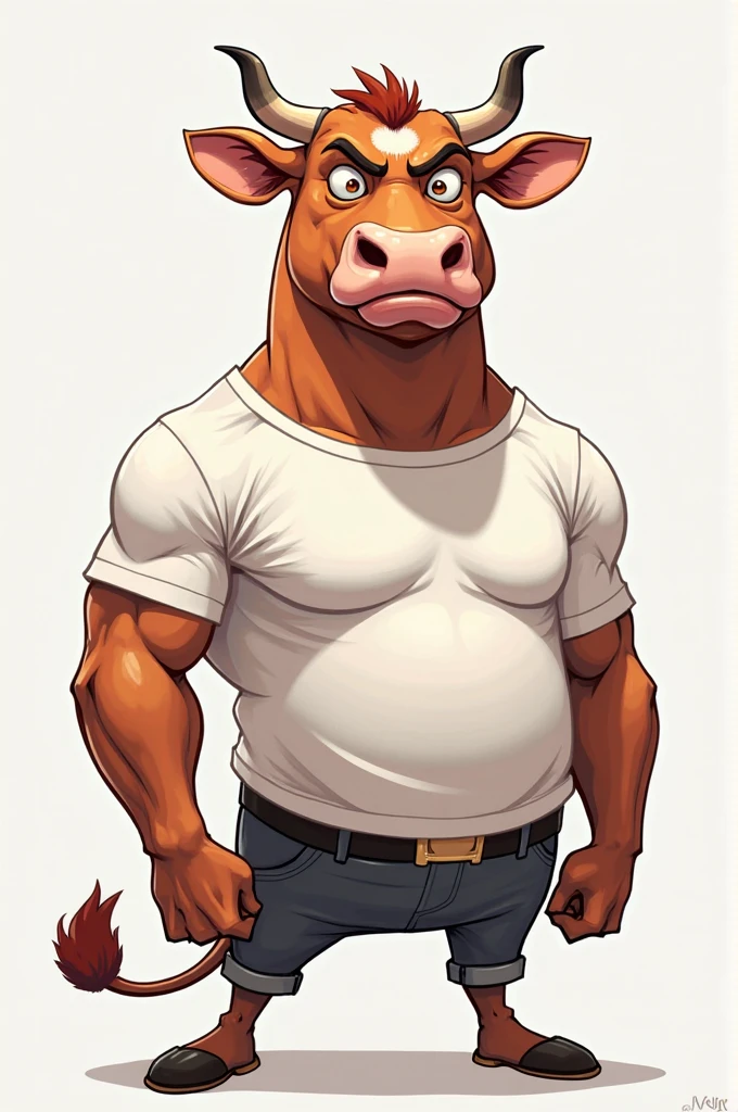 Solo, Furry, Anthro, Bull, Male, E621, Standing, Muscular, Hands behind back, Wearing , Plain background, Front view, By Jacek Yerka

