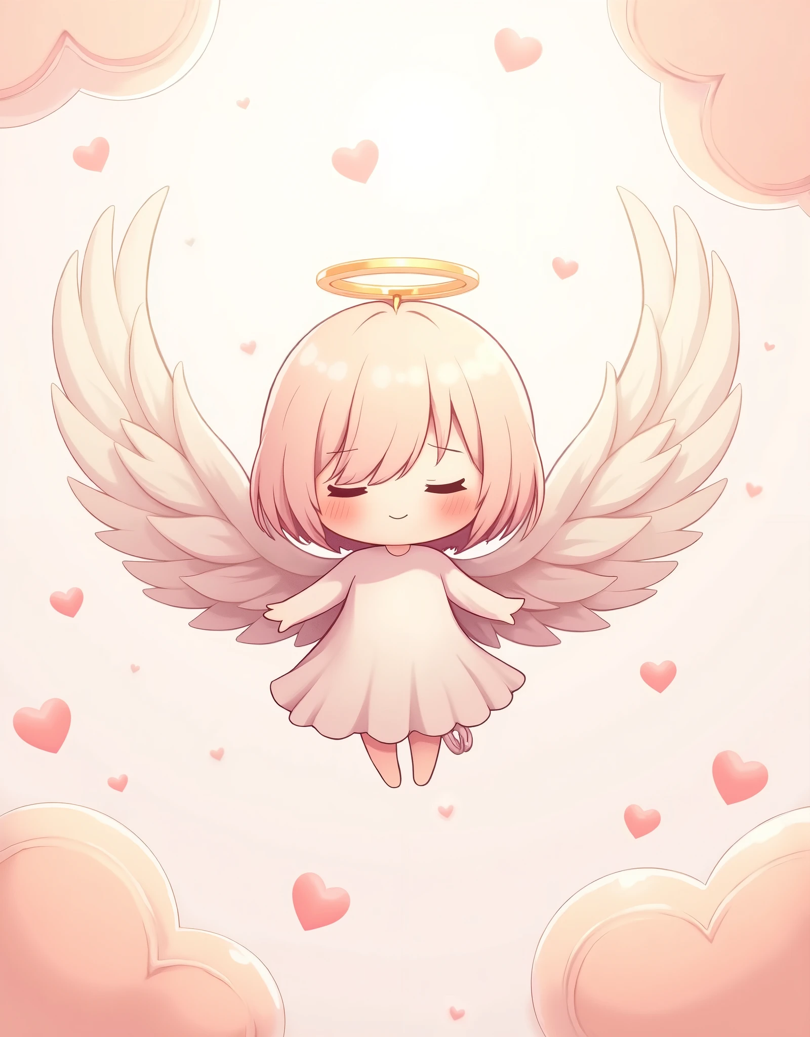 ( masterpiece:1.2, best illustration),8k16k,wallpaper,(Floating feathers ),(Angel mascot character with big wings:2.0),(is floating in the air:2.0),(minimalist:2.0),( cute:1.6),(anime artwork :1.6),( vector art :1.6),(SAN-X style :1.6),(abstract heart background :1.6),( line art :1.6),( pastel color :1.6)