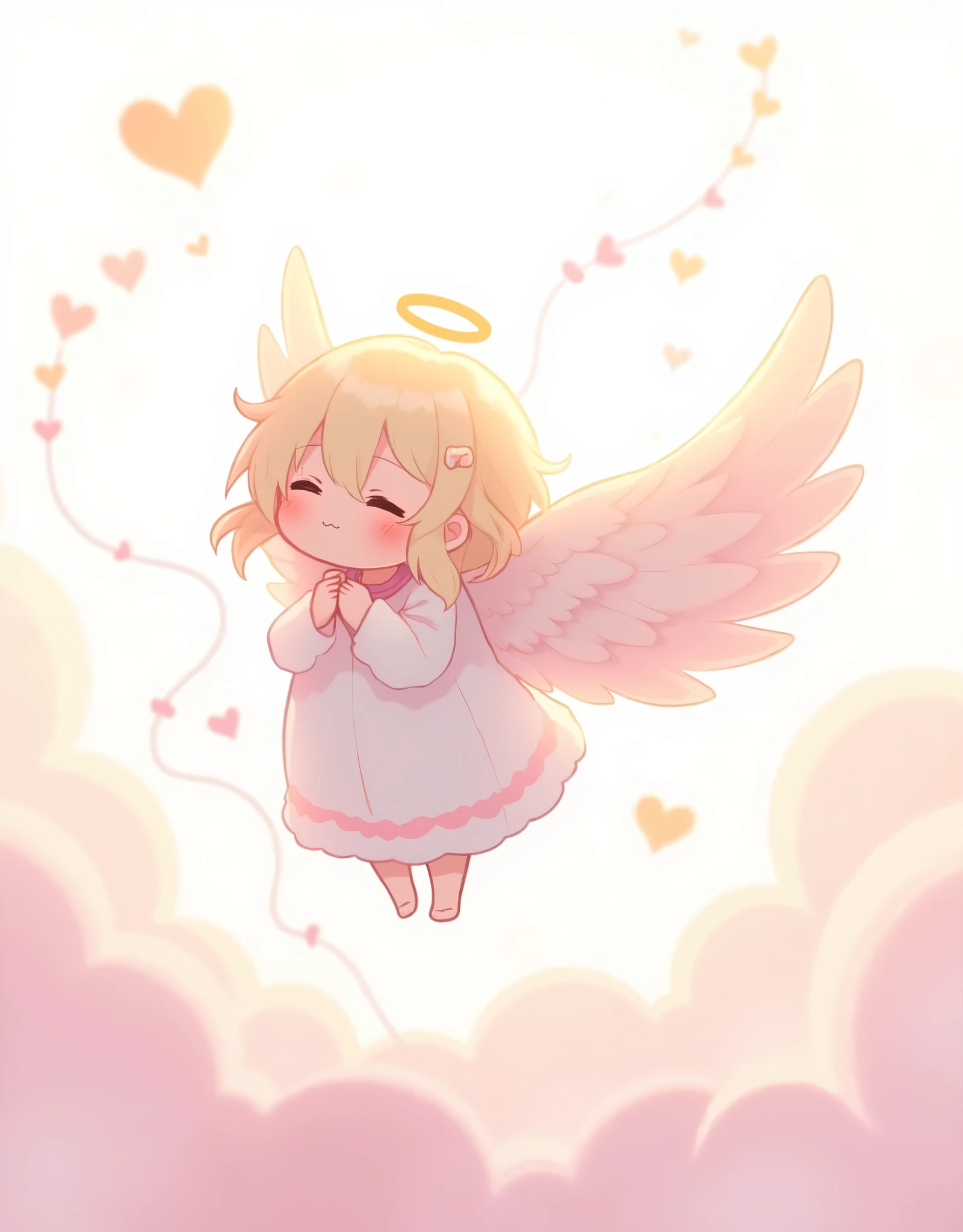 ( masterpiece:1.2, best illustration),8k16k,wallpaper,(Floating feathers ),(Angel mascot character with big wings:2.0),(is floating in the air:2.0),(minimalist:2.0),( cute:1.6),(anime artwork :1.6),( vector art :1.6),(SAN-X style :1.6),(abstract heart background :1.6),( line art :1.6),( pastel color :1.6)