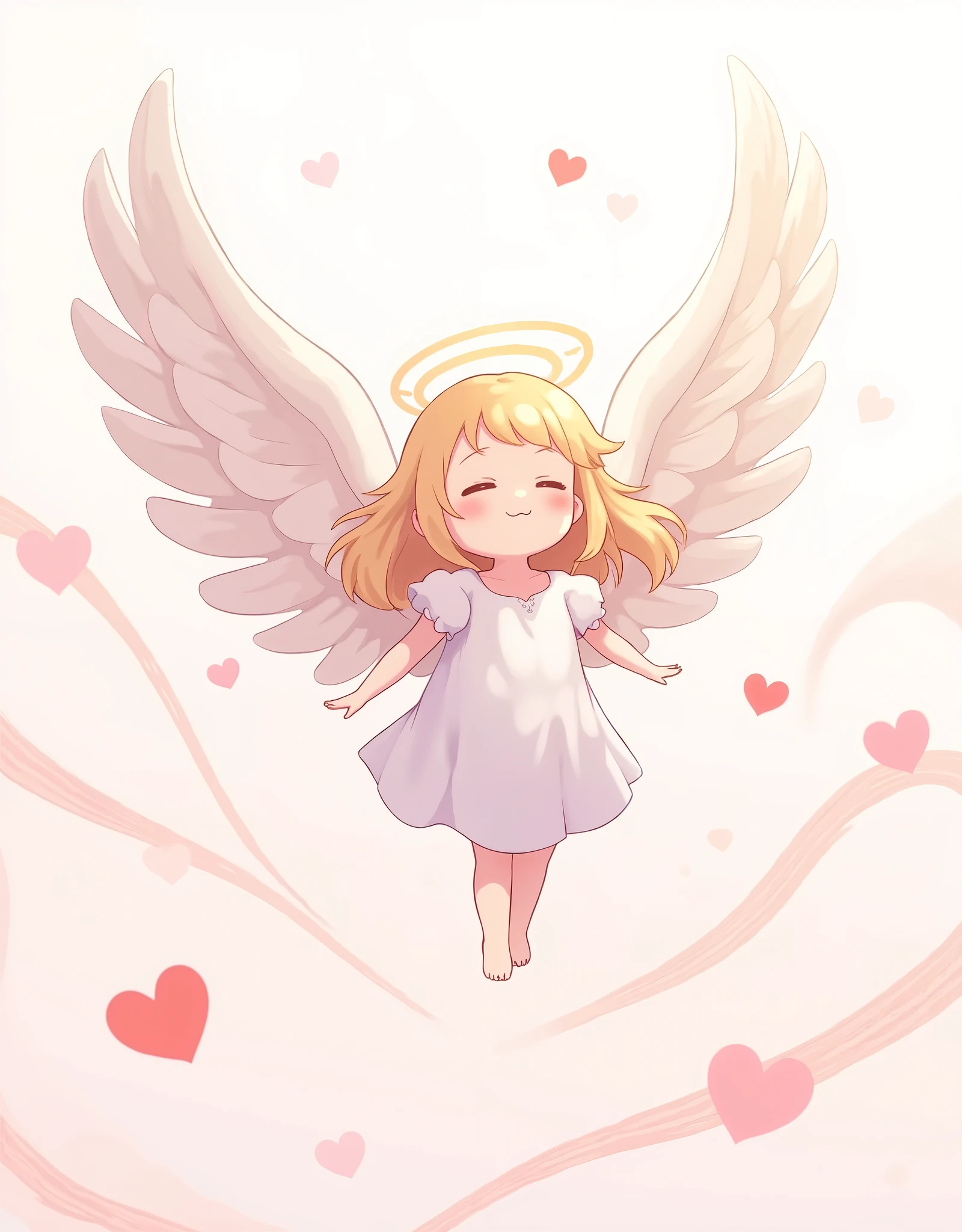 ( masterpiece:1.2, best illustration),8k16k,wallpaper,(Floating feathers ),(Angel mascot character with big wings:2.0),(is floating in the air:2.0),(minimalist:2.0),( cute:1.6),(anime artwork :1.6),( vector art :1.6),(SAN-X style :1.6),(abstract heart background :1.6),( line art :1.6),( pastel color :1.6)