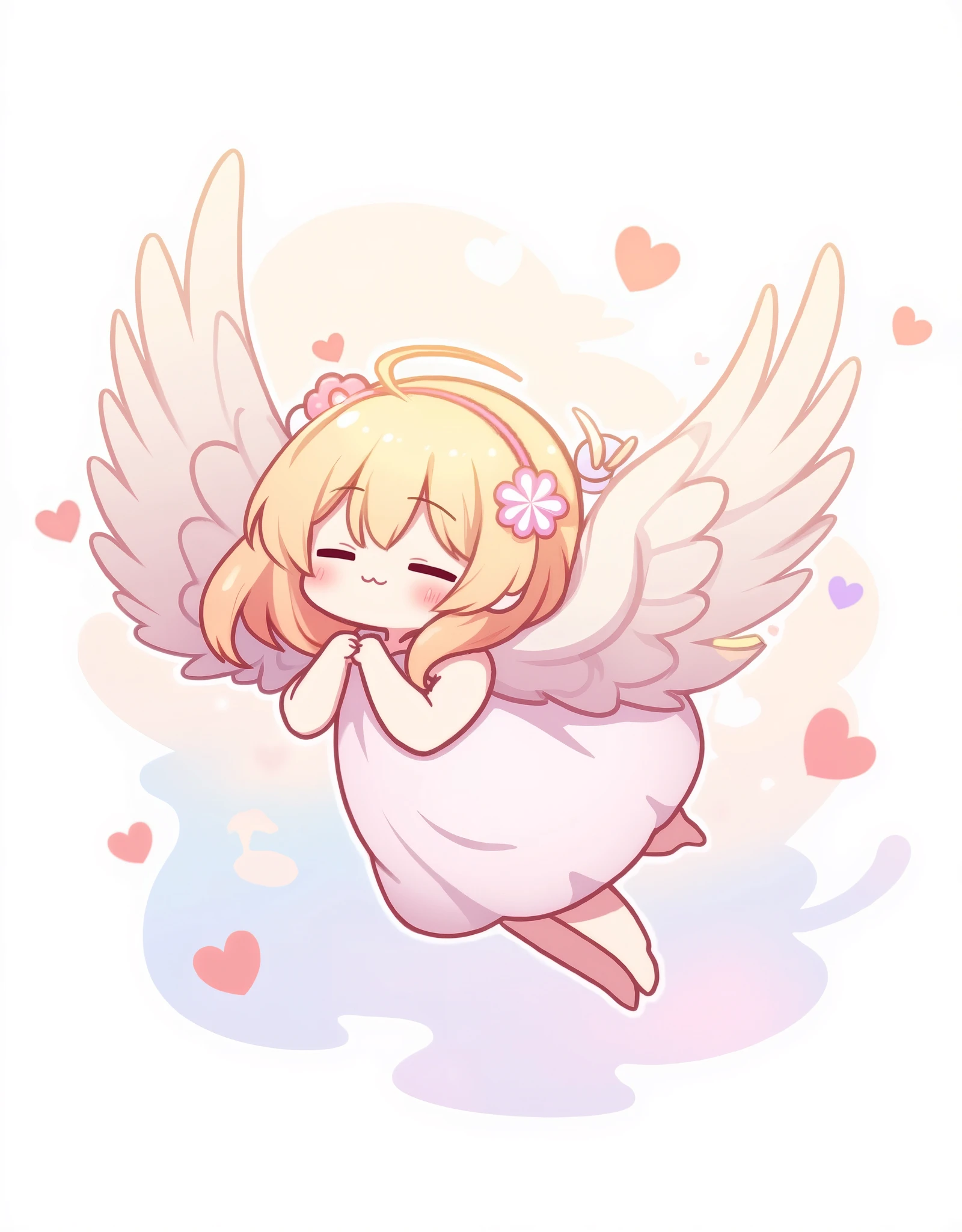 ( masterpiece:1.2, best illustration),8k16k,wallpaper,(Floating feathers ),(Angel mascot character with big wings:2.0),(is floating in the air:2.0),(minimalist:2.0),( cute:1.6),(anime artwork :1.6),( vector art :1.6),(SAN-X style :1.6),(abstract heart background :1.6),( line art :1.6),( pastel color :1.6)