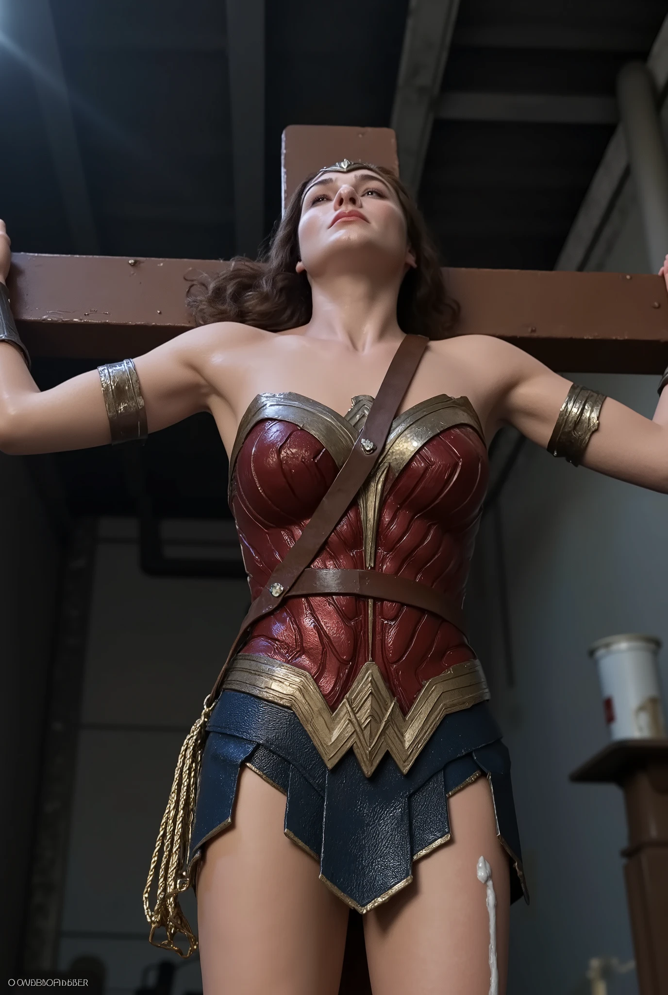 Gal Gadot is Wonder woman, a Wonder woman is crucifixion on the cross, very bright white skin, brown hair, unconscious, eyes close, never smile, bound arms to the cross by chain, a lot of chains bound tighten on her arms, painful face, Excruciating pain face, white cum on her skirt, photorealistic, hyper realistic, whole body visible, in the night, in the underground prison,
