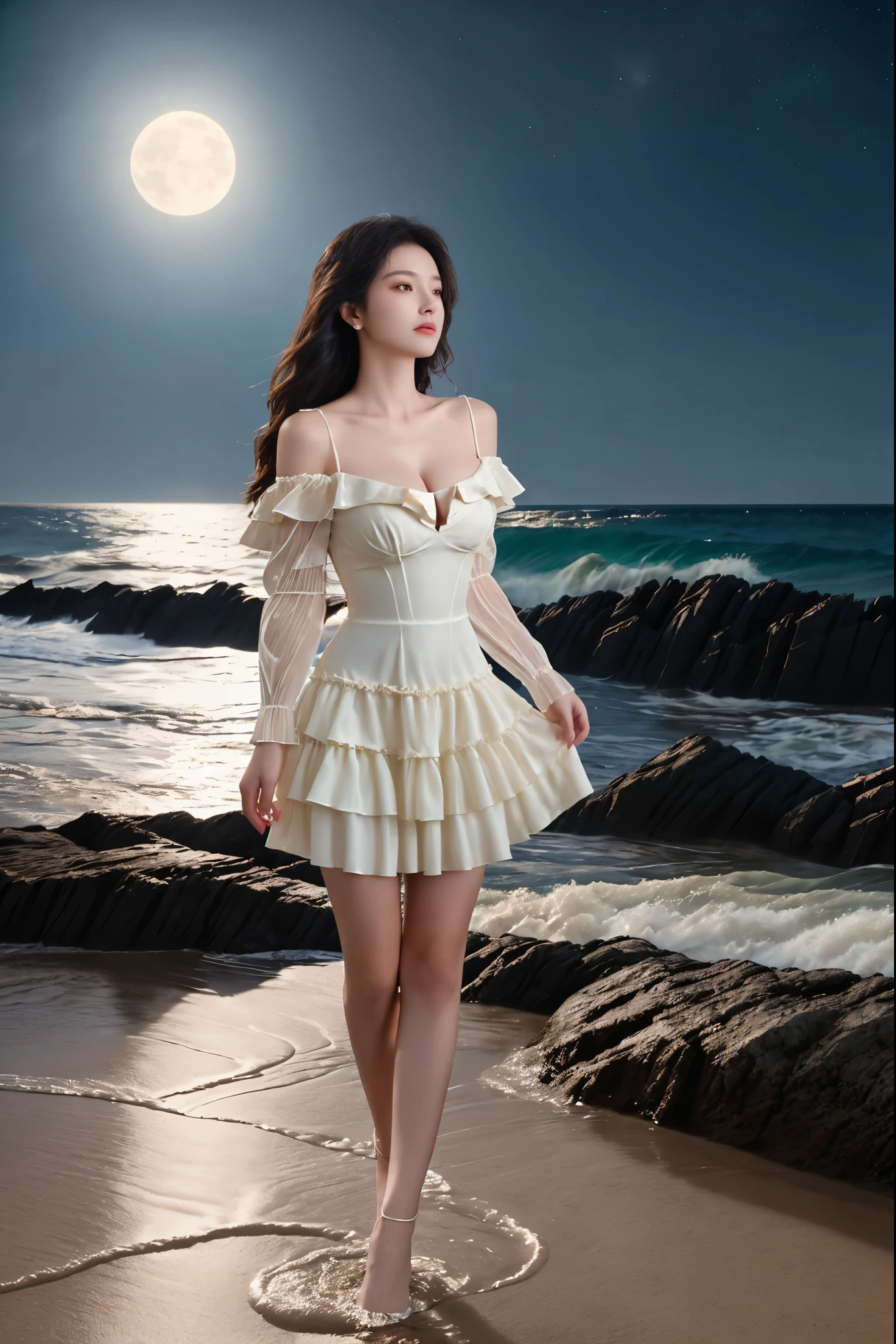 lullaby dress,off shoulder dress,frills ,(knee shot:1.3), (Close shot), photorealistic beautiful woman, sexy long-legged model, (Full bust, visible cleavage, very short hemline), walking at the edge of the beach and the surf, water up to her knees, waves crashing on her body, night, soft moonlight, dramatic lighting, chiaroscuro, flowing dress, serene expression, starry sky, calm ocean, rocky coastline, full shot, dynamic pose, cinemati