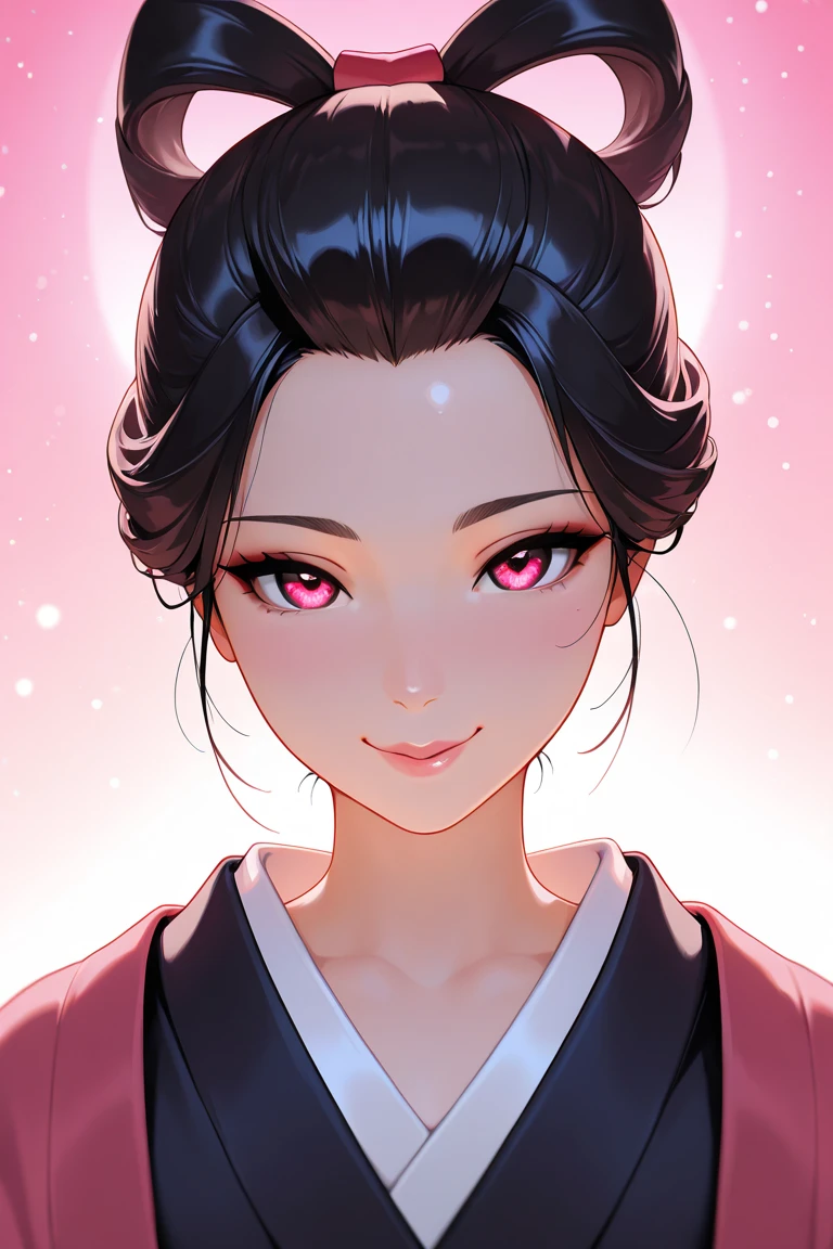 single, solo, girl, beautiful face, beautiful eyes, beautiful skin, super high quality, hyper detail body, ultimate quality, (malicious:1.1), (villain:0.3), , black hair, kimono, forehead, center parted hair, temptation, (kissy face:0.7), masterpiece, best quality, very aesthetic, absurdres, newest, look, triumphantly, cutesy, (smile:0.8), cute, (cutesy:1.2), close up face, looking at viewer, lovely, (pink particles:1.2), young, close up face, (gloss lips:0.6), Asian, Japanese,