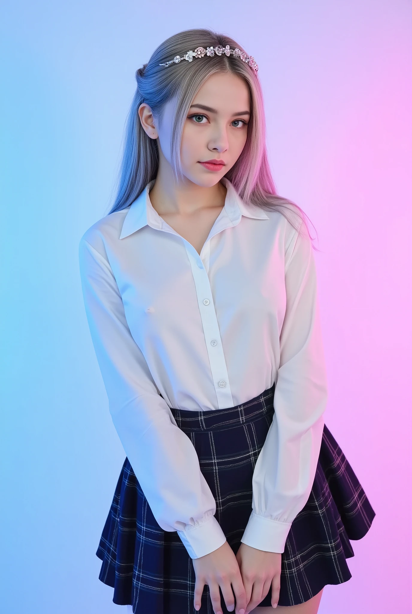 1girl, (masterpiece:1.1), (best quality:1.1), (white blouse:1.1), (plaid skirt:1.1), school uniform, high waist skirt, BREAK [blue:pink:0.5] theme, (gradient background:1.1 ), cowboy shot, BREAK silver hair, long hair,, green eyes, delicate headgear, looking sideways,