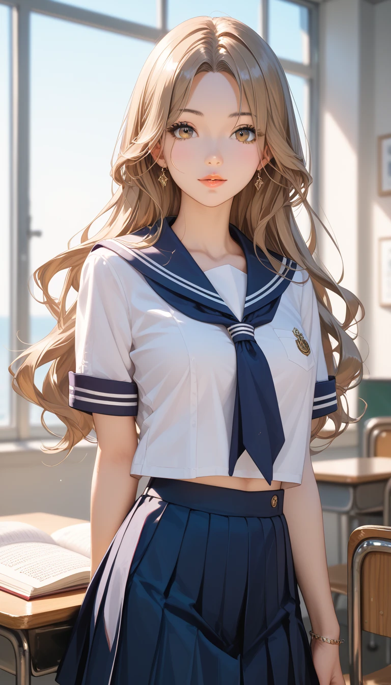 (masterpiece:1.2, top-quality), (realistic, photorealistic:1.4), beautiful illustration, (natural side lighting, movie lighting), nsfw,
beautiful detailed hair, beautiful detailed face, beautiful detailed eyes, beautiful clavicle, beautiful body, beautiful chest, beautiful thigh, beautiful legs, beautiful hands,
looking at viewer, 1 girl, japanese, high school girl, perfect face, cute and symmetrical face, shiny skin,
(long hair, straight hair, brown hair), forehead, gray eyes, slant eyes, big eyes, long eye lasher, (medium breasts), (small ass, thin thighs), slender, outstanding style,
((detailed cloth texture, serafuku, short sleeves, pleated skirt, sailor collar, scarf), finest underwear), earrings, necklace,
(beautiful scenery), evening, summer, (riverside), standing (hand on chest), (seductive smile, upper eyes, parted lips),