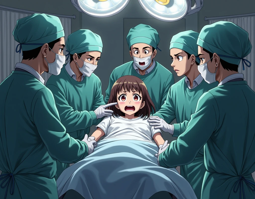 Operating Instruments Anime In an operating room surrounded by medical curtains multiple young ...