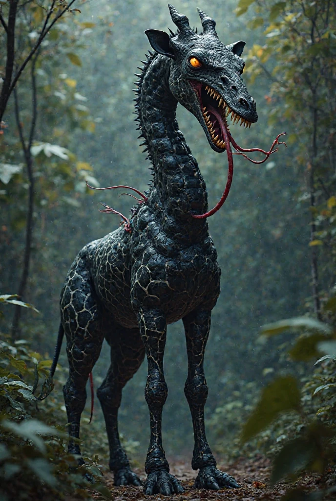 A hybrid creature combining Venom and a giraffe. It has the towering height and long neck of a giraffe, but its body is covered in Venom's black, symbiotic, gooey texture with white vein-like patterns. Its eyes glow menacingly, and its mouth is filled with sharp, jagged teeth, stretching unnaturally wide with a long, snake-like tongue dripping with venom. The creature’s limbs are muscular, with clawed hooves, and tendrils extend from its body, writhing and ready to strike. It stands in a dark, eerie jungle, a terrifying fusion of power, agility, and monstrous horror.