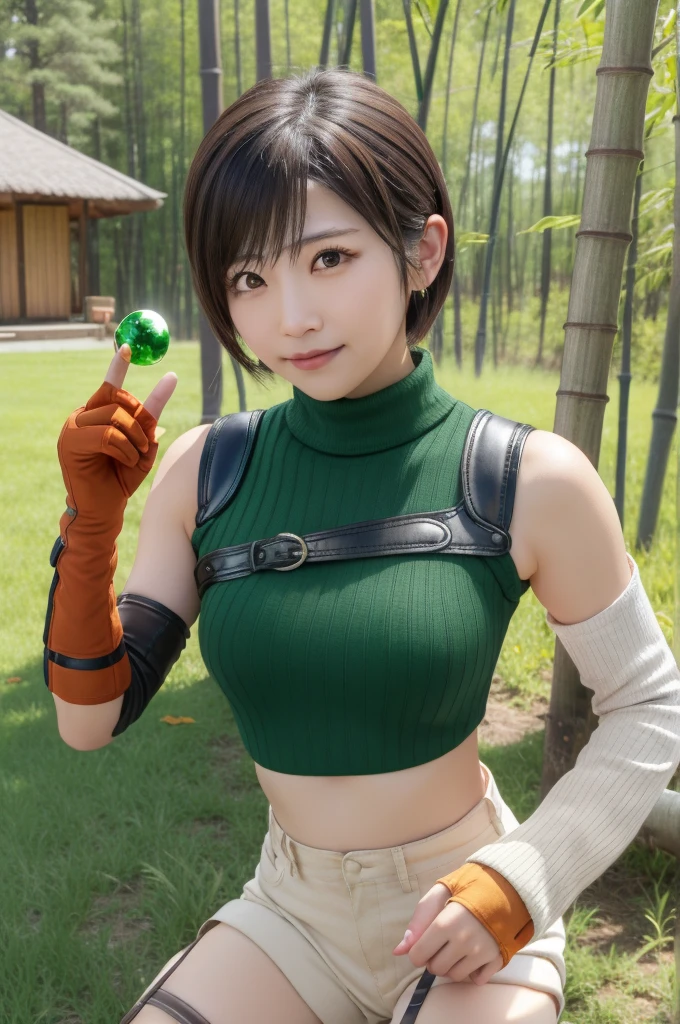 8K,top-quality,Real Image,intricate detailed, high resolution,Depth Field,master piece,natural soft light,professional lighting,1 girl ,beautiful European girl, olive skin,,A detailed eyes,(Brown hair),long hair, Yuffie,Yuffi kisaragi,head band,a navel, Sleeveless, Green Turtleneck, sleeveless turtleneck, middle breasts, dynamic pose, holding blue materia(glowing orb), A smile, gloves, crop top, Brown hair, Shorts, Midriff, armor, Sweaters, Finger less gloves, Ribbed sweater, outside, japanesse village