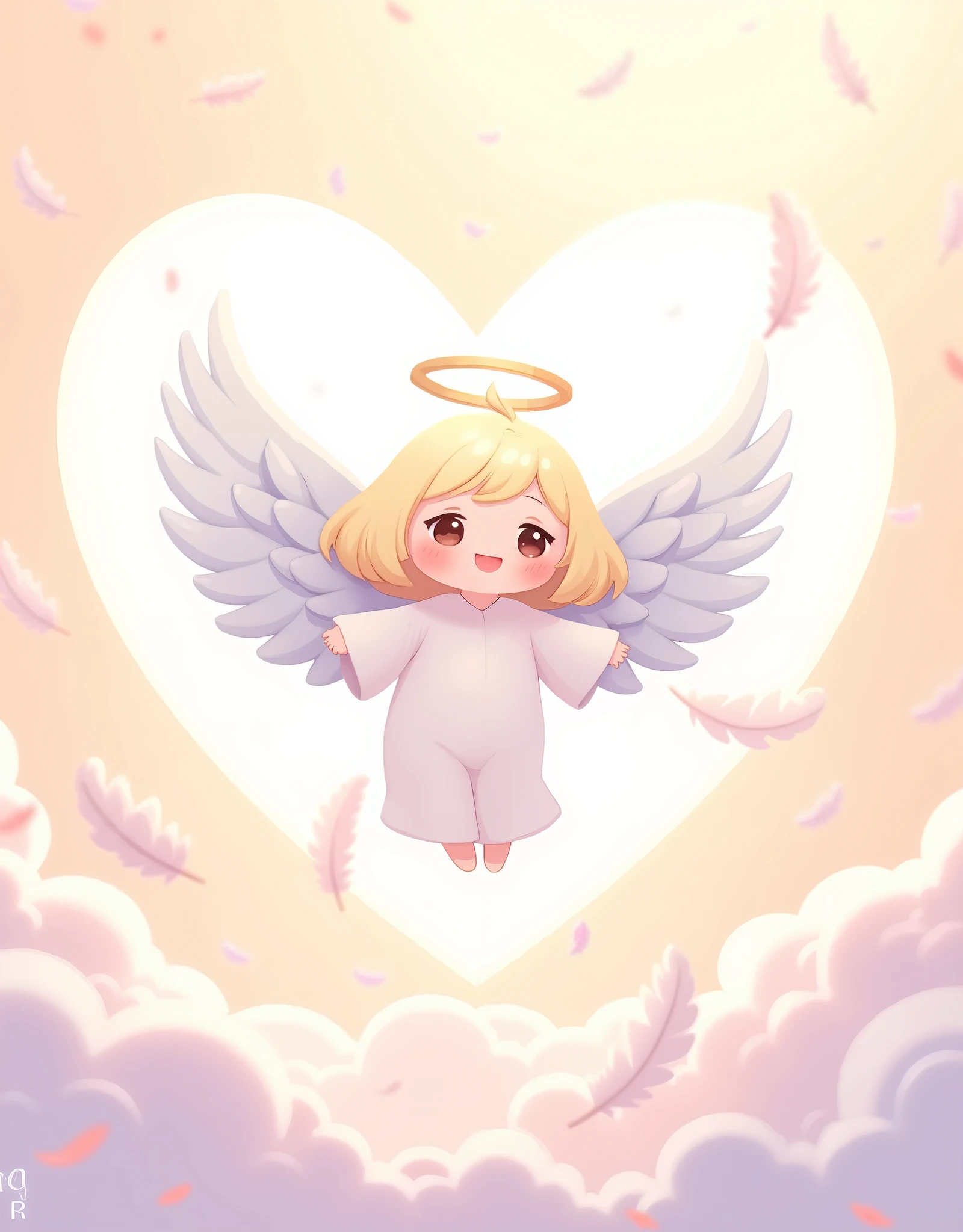 ( masterpiece:1.2, best illustration),8k16k,wallpaper,(Floating feathers :2.0),(Angel mascot character with big wings:2.0),(is floating in the air:2.0),(minimalist:2.0),( cute:1.6),(anime artwork :1.6),( vector art :1.6),(SAN-X style :1.6),(abstract heart background :1.6),( line art :1.6),( pastel color :1.6)