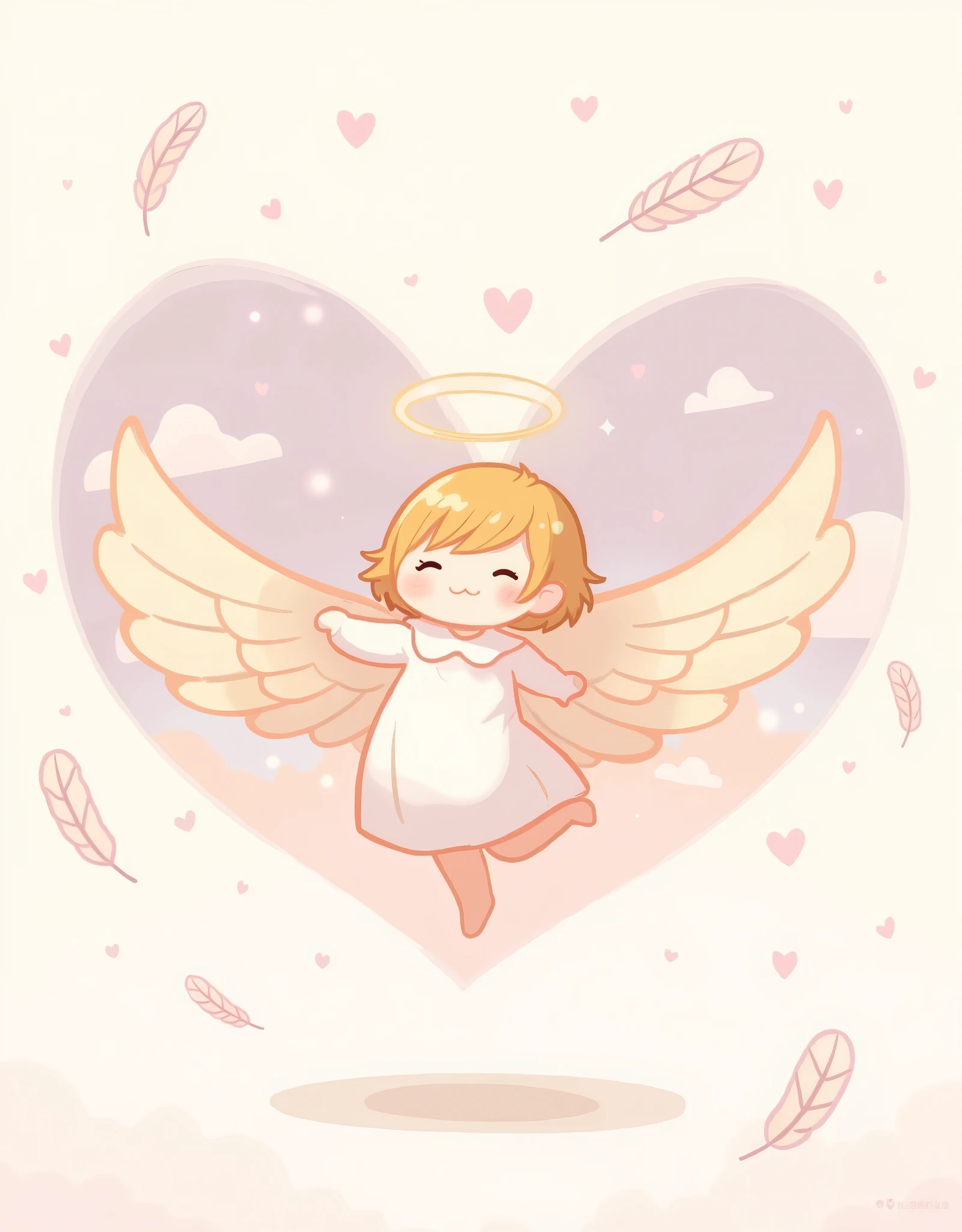 ( masterpiece:1.2, best illustration),8k16k,wallpaper,(Floating feathers :2.0),(Angel mascot character with big wings:2.0),(is floating in the air:2.0),(minimalist:2.0),( cute:1.6),(anime artwork :1.6),( vector art :1.6),(SAN-X style :1.6),(abstract heart background :1.6),( line art :1.6),( pastel color :1.6)