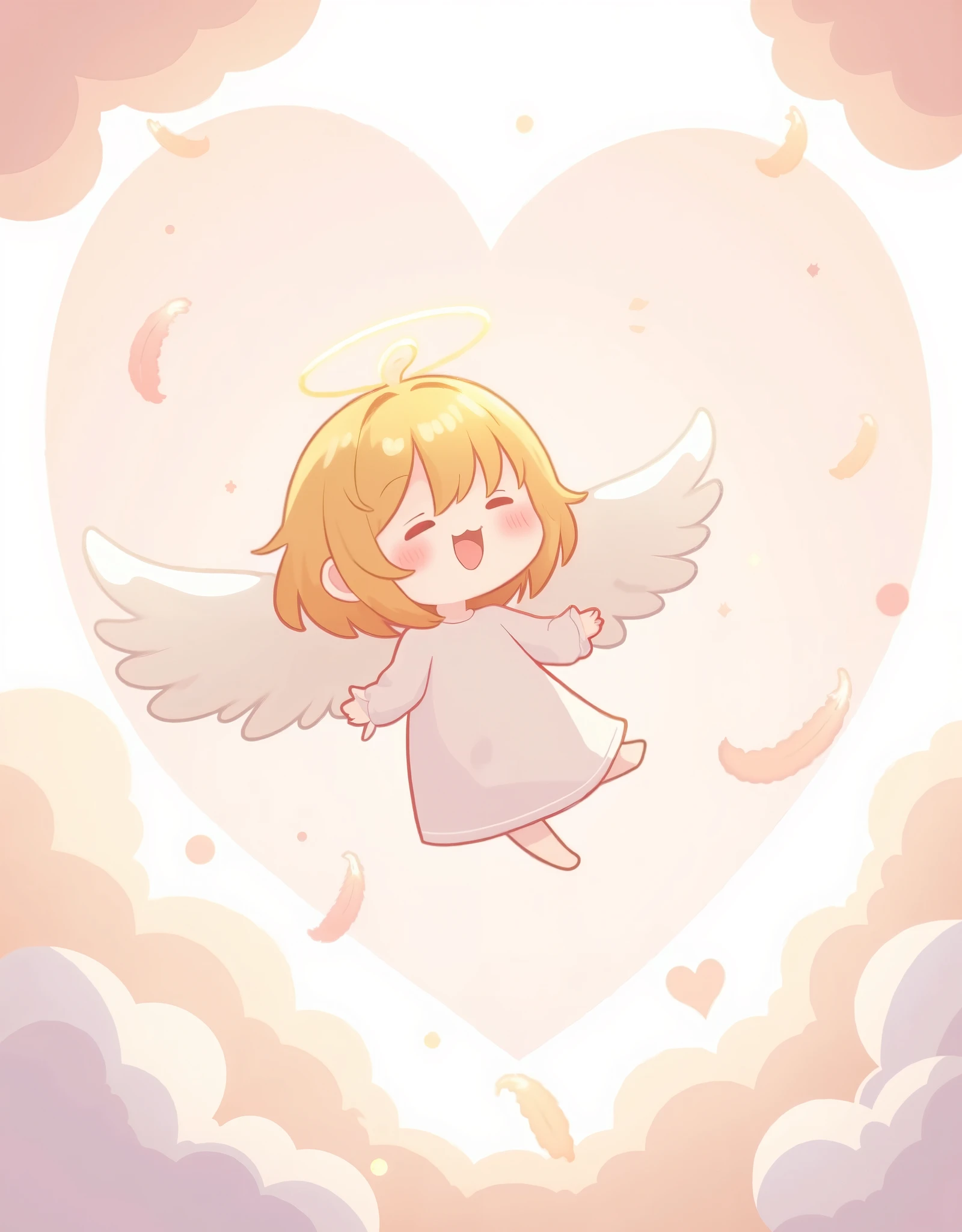 ( masterpiece:1.2,  best illustration),8k16k,wallpaper,(Floating feathers :2.0),(Angel mascot character with big wings:2.0),(is floating in the air:2.0),(minimalist:2.0),( cute:1.6),(anime artwork :1.6),( vector art :1.6),(SAN-X style  :1.6),(abstract heart background :1.6),(  line art  :1.6),( pastel color :1.6)