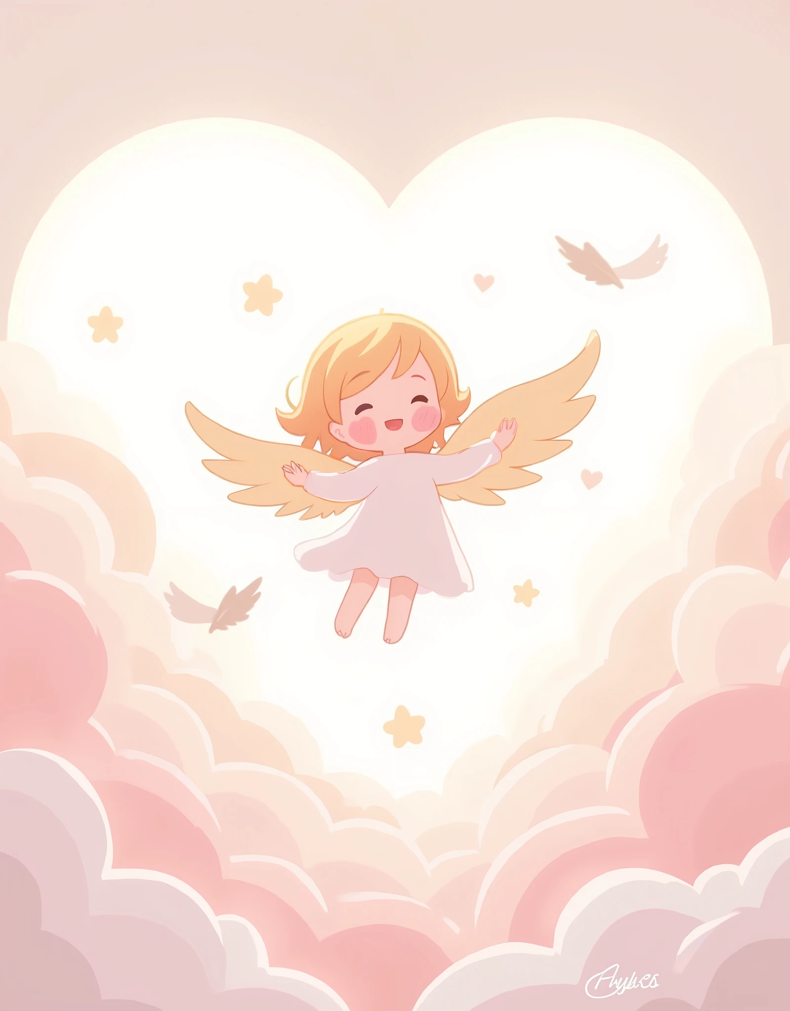 ( masterpiece:1.2, best illustration),8k16k,wallpaper,(Floating feathers :2.0),(Angel mascot character with big wings:2.0),(is floating in the air:2.0),(minimalist:2.0),( cute:1.6),(anime artwork :1.6),( vector art :1.6),(SAN-X style :1.6),(abstract heart background :1.6),( line art :1.6),( pastel color :1.6)