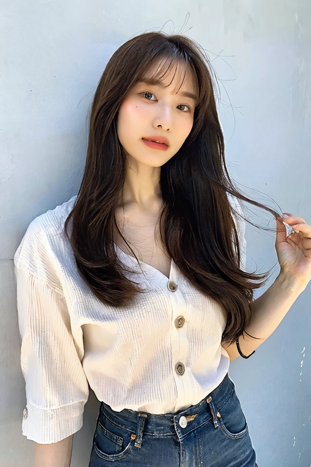 Highest quality, 1 beautiful woman, 2, S, 35mm Lens,, cowboy shooting, concrete background with rough eyeliner、Mortar style background、button-up shirt、Light brown、Mortar wall,from below、 straight hair 、 straight hair 、shiny hair,smooth hair、 adidas jersey、denim pants