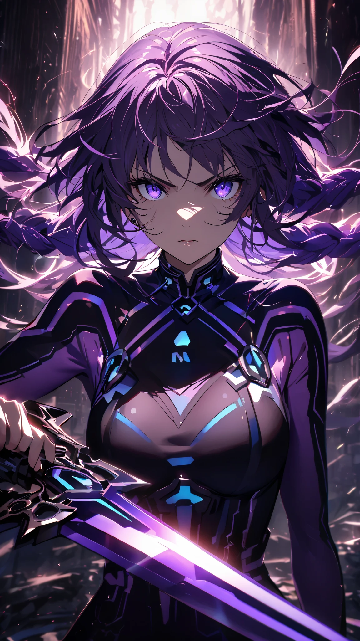 A woman with purple hair with a defiant face holding a large purple sword, detailed eyes, detailed sword ,  cinematic lightning ,  Looking at camera 
