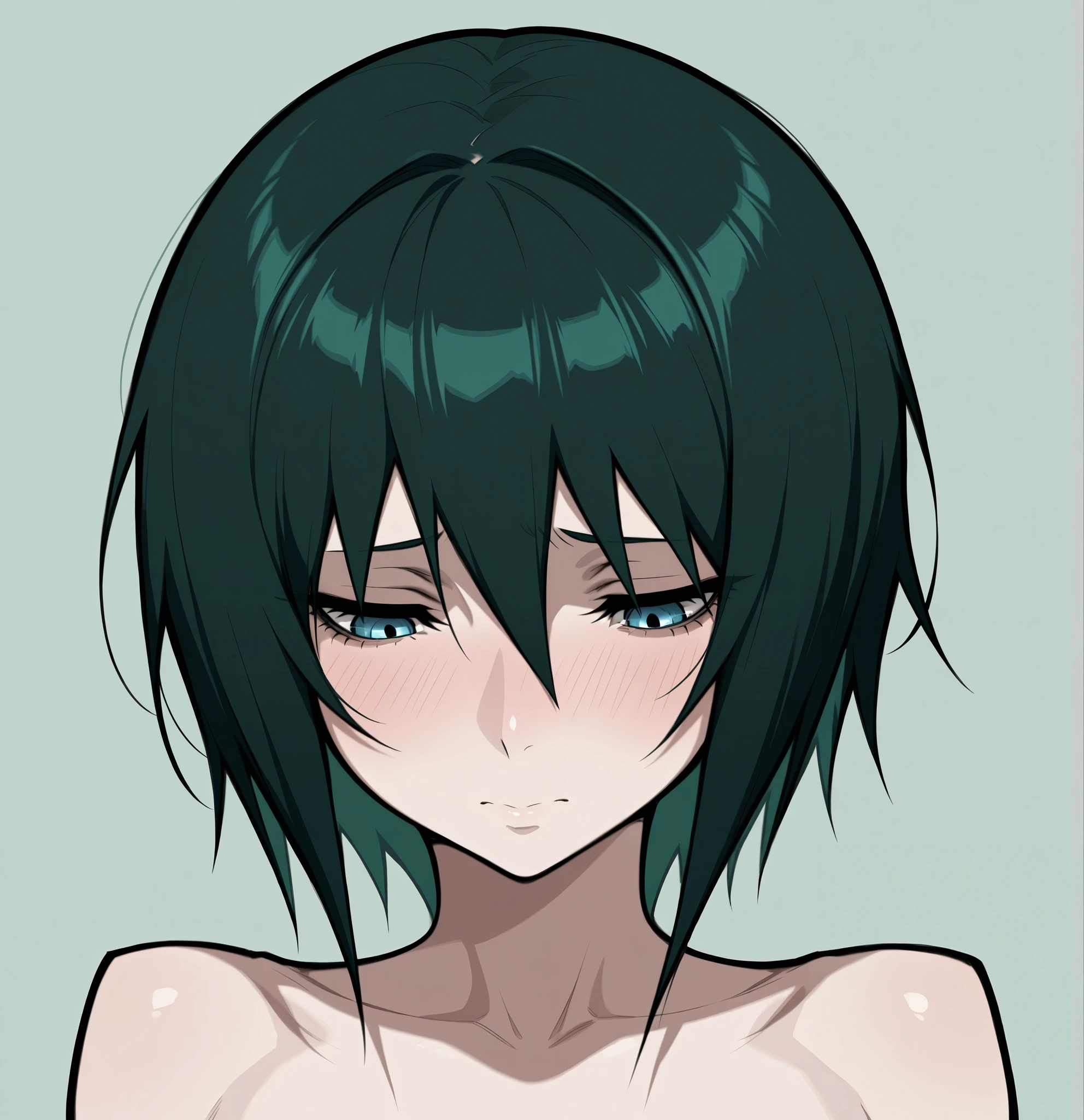 1gir,solo,looking at down,green hair, short hair,blue eyes, shy, embrassed, beauрtiful eyes, all naked, , all blame face ,high resolution, masterpiece, simple background
