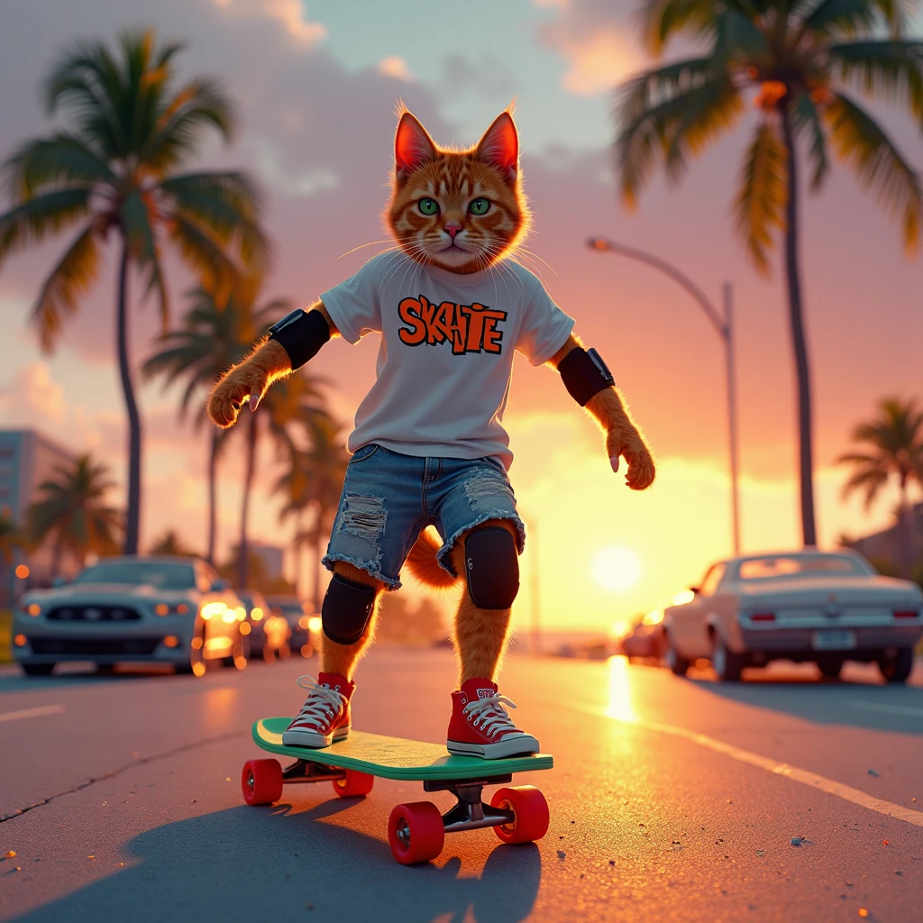 An anthropomorphic orange-toned cat glides on a neon green skateboard with bright red wheels along an iconic Miami street as the sunset bathes the scene in vibrant golds and oranges. He sports a white T-shirt with "SKATE" boldly graffiti-styled, faded blue shorts exuding urban casual vibes, and high red Converse sneakers, completing his sporty appearance. Black elbow and knee pads highlight his readiness for skating. His fur displays hyper-realistic textures, from natural skin markings to intricate tail movements synchronized with motion. Tall palm trees line the sides of the road reaching into a sky painted in purples and pinks, while 1980s sports cars parked nearby add a retro-futuristic touch. In the distance, the beach stretches out with pristine white sands and crystal-clear waters reflecting the sun’s final gleam. Captured using a Sony A9 camera with FE 70-200 mm f/2.8 GM OSS lens at 8K resolution, every detail shines—dust particles hovering near the ground, tiny golden reflections on the skateboard wheels, and subtle anamorphic lens flares enhancing the cinematic twilight ambiance.