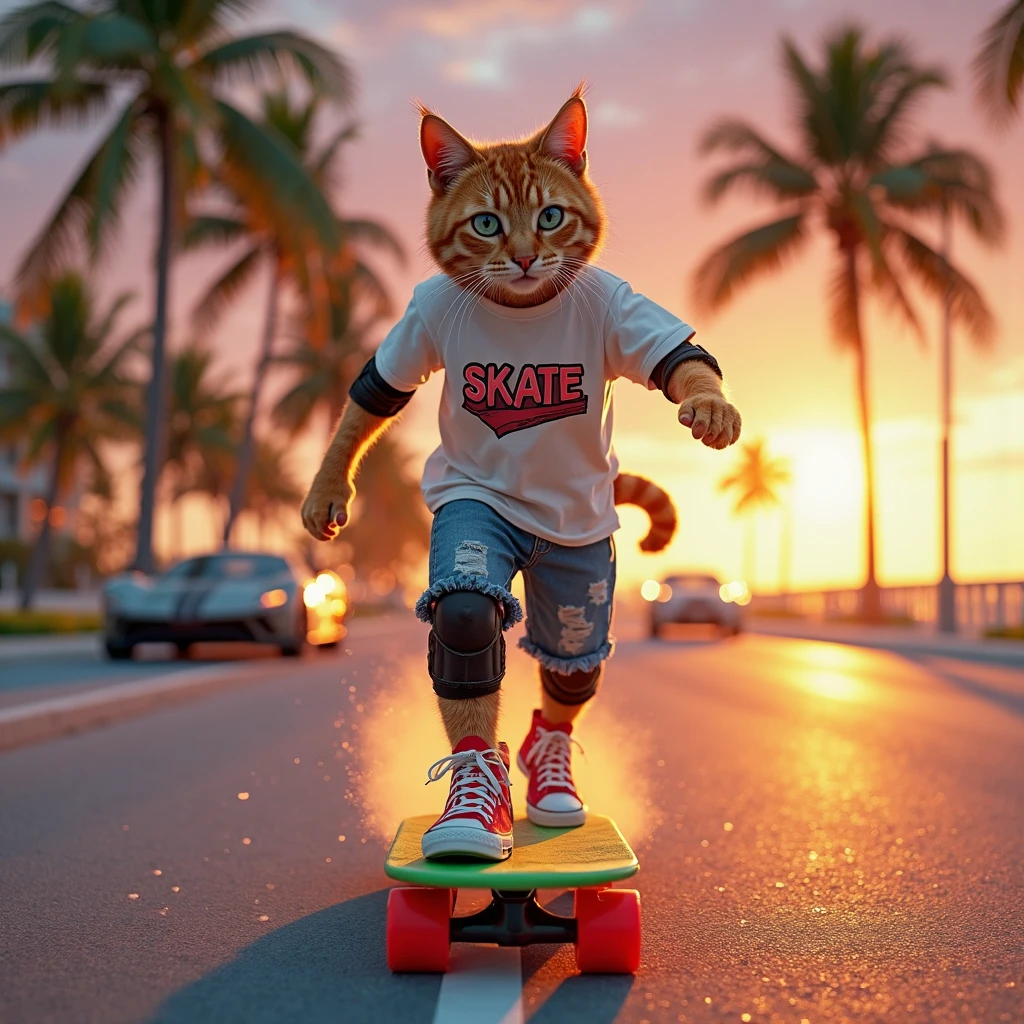 An anthropomorphic orange-toned cat glides on a neon green skateboard with bright red wheels along an iconic Miami street as the sunset bathes the scene in vibrant golds and oranges. He sports a white T-shirt with "SKATE" boldly graffiti-styled, faded blue shorts exuding urban casual vibes, and high red Converse sneakers, completing his sporty appearance. Black elbow and knee pads highlight his readiness for skating. His fur displays hyper-realistic textures, from natural skin markings to intricate tail movements synchronized with motion. Tall palm trees line the sides of the road reaching into a sky painted in purples and pinks, while 1980s sports cars parked nearby add a retro-futuristic touch. In the distance, the beach stretches out with pristine white sands and crystal-clear waters reflecting the sun’s final gleam. Captured using a Sony A9 camera with FE 70-200 mm f/2.8 GM OSS lens at 8K resolution, every detail shines—dust particles hovering near the ground, tiny golden reflections on the skateboard wheels, and subtle anamorphic lens flares enhancing the cinematic twilight ambiance.