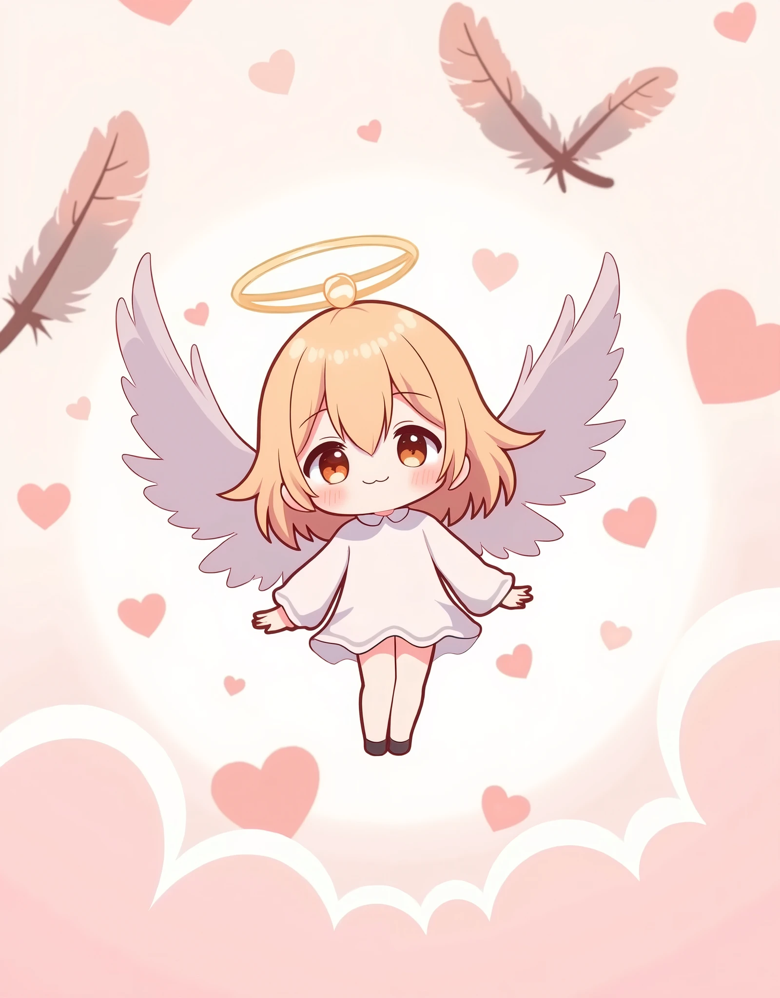 ( masterpiece:1.2, best illustration),8k16k,wallpaper,(Floating feathers :2.0),(Angel mascot character with big wings:2.0),(is floating in the air:2.0),(minimalist:2.0),( cute:1.6),(anime artwork :1.6),( vector art :1.6),(SAN-X style :1.6),(abstract heart background :1.6),( line art :1.6),(depth of field)