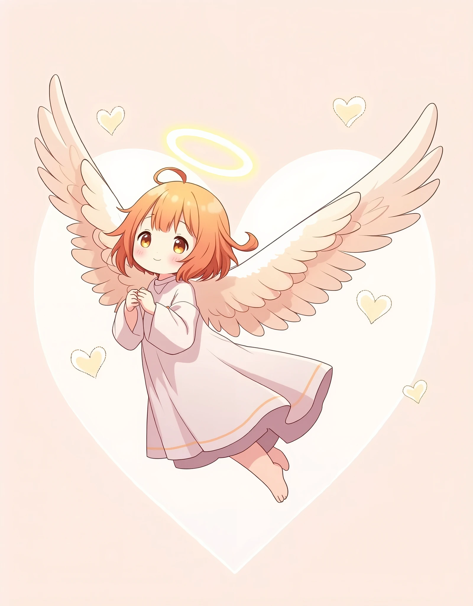 ( masterpiece:1.2, best illustration),8k,16k,wallpaper,(Floating feathers :2.0),(Angel mascot character with big wings:2.0),(is floating in the air:2.0),(minimalist:2.0),( cute:1.6),(anime artwork :1.6),( vector art :1.6),(SAN-X style :1.6),(abstract heart background :1.6),( line art :1.6),( pastel color :1.6),(depth of field)