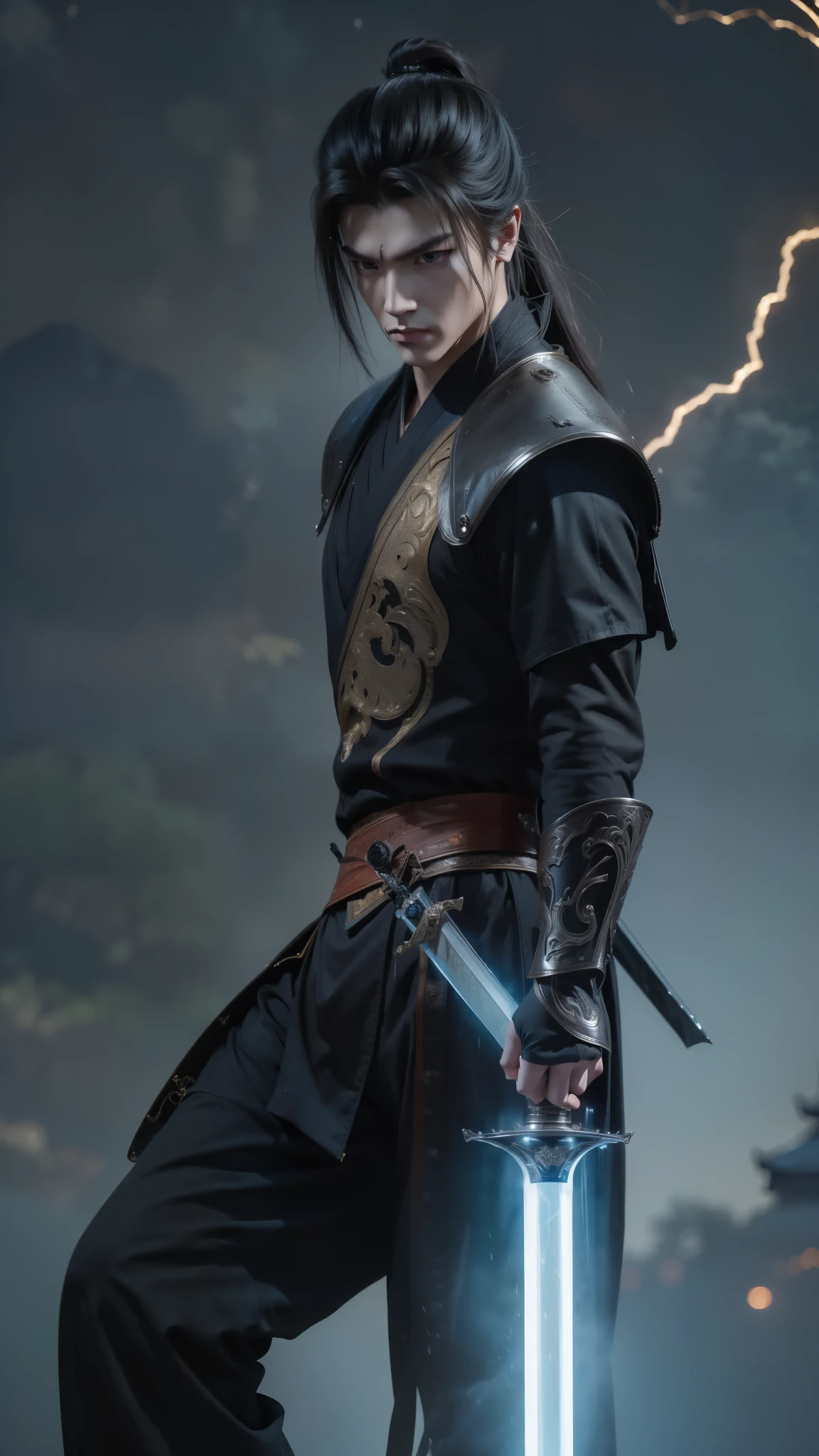 ((Master parts)),(Best quality)),view from long distance,Perimeter lightning,Sword Rain,A young swordsman,glowing effect,Hyper-realistic,Ultra photo realsisim,Chinese black and white ink style,rot,discoloration,dyeing,shadowing,8K,super-fine,Upper Kulidade,renderizador OC